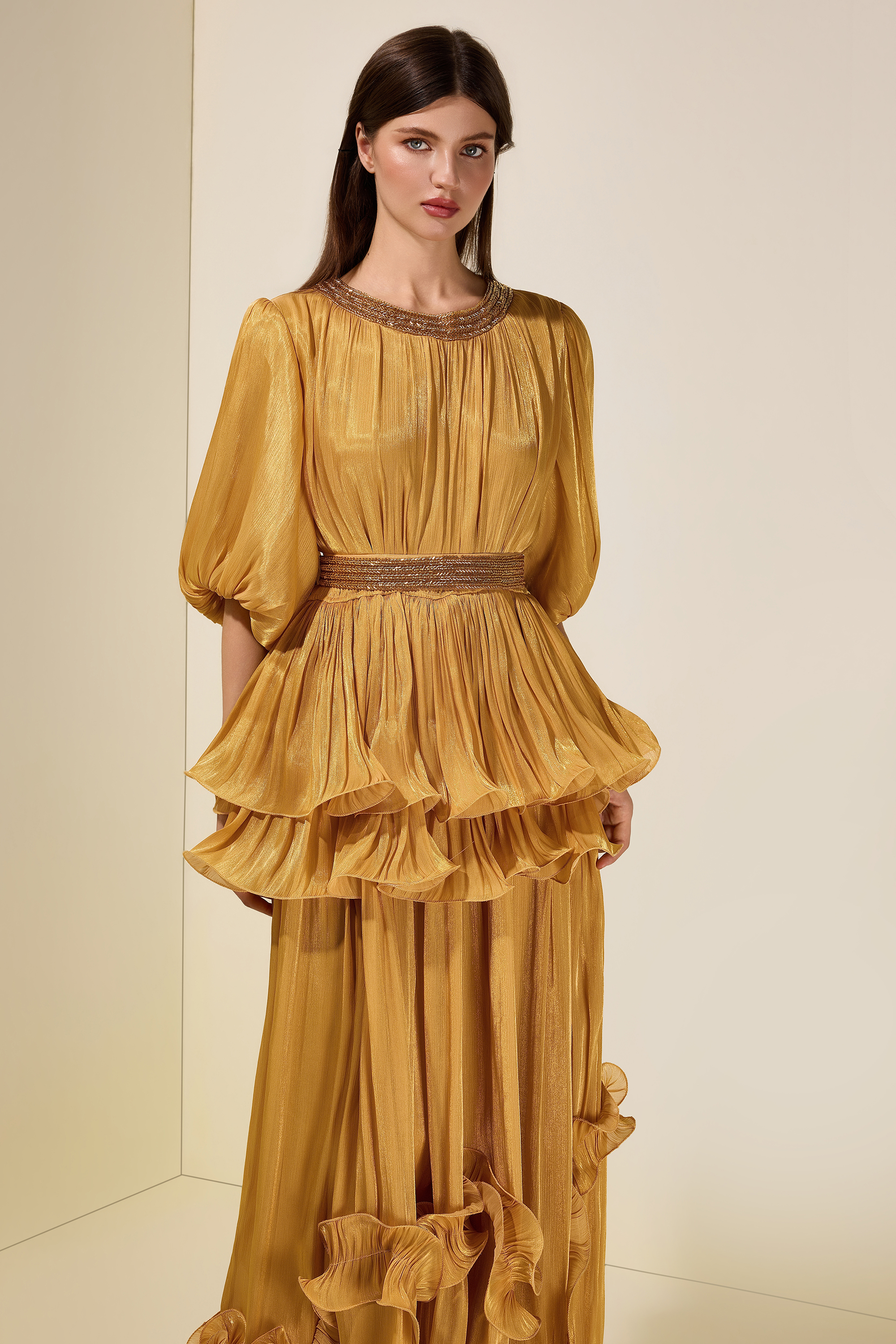 Satin Sequin Puff Sleeve Ruffle Maxi Dress With Belt