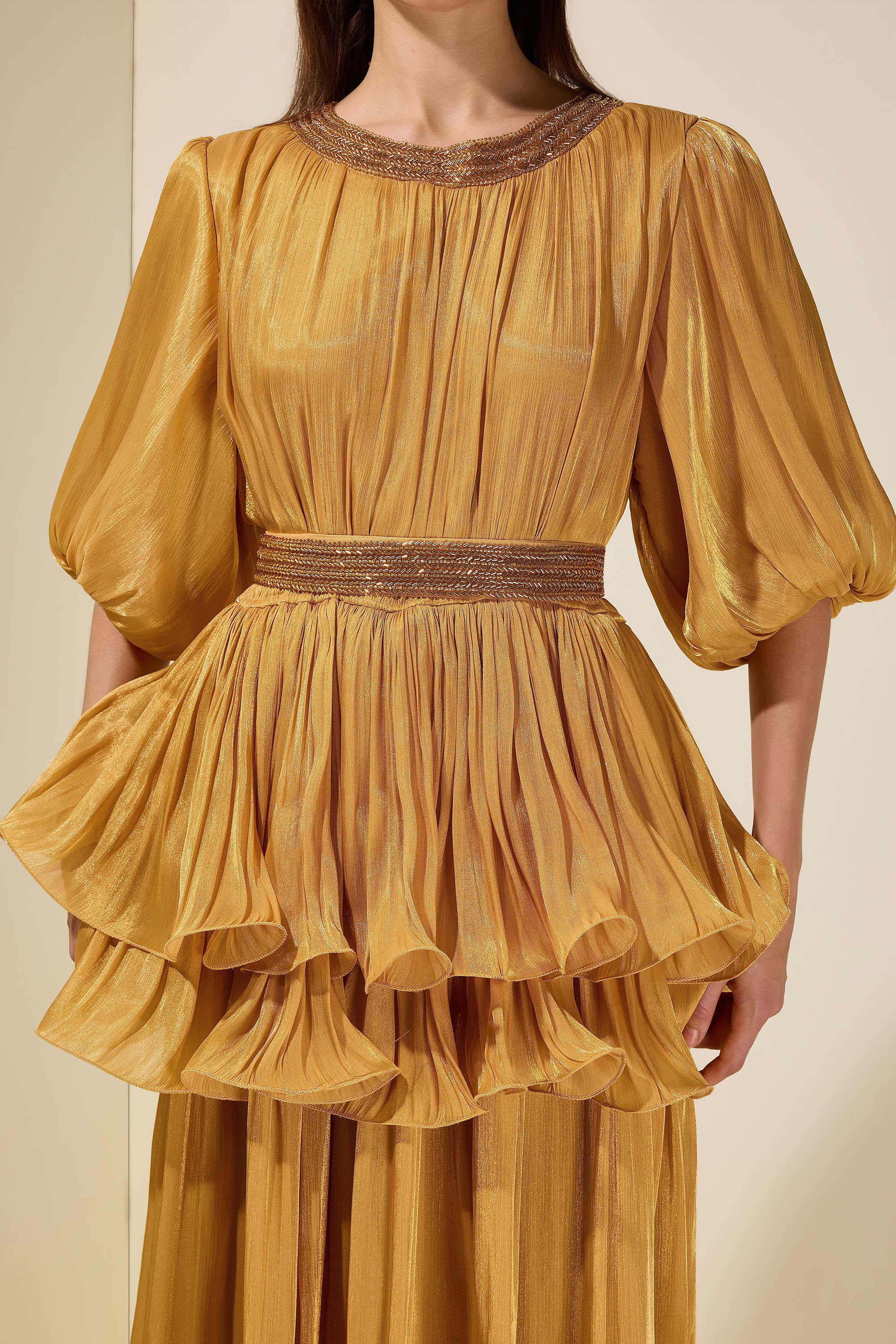 Satin Sequin Puff Sleeve Ruffle Maxi Dress With Belt