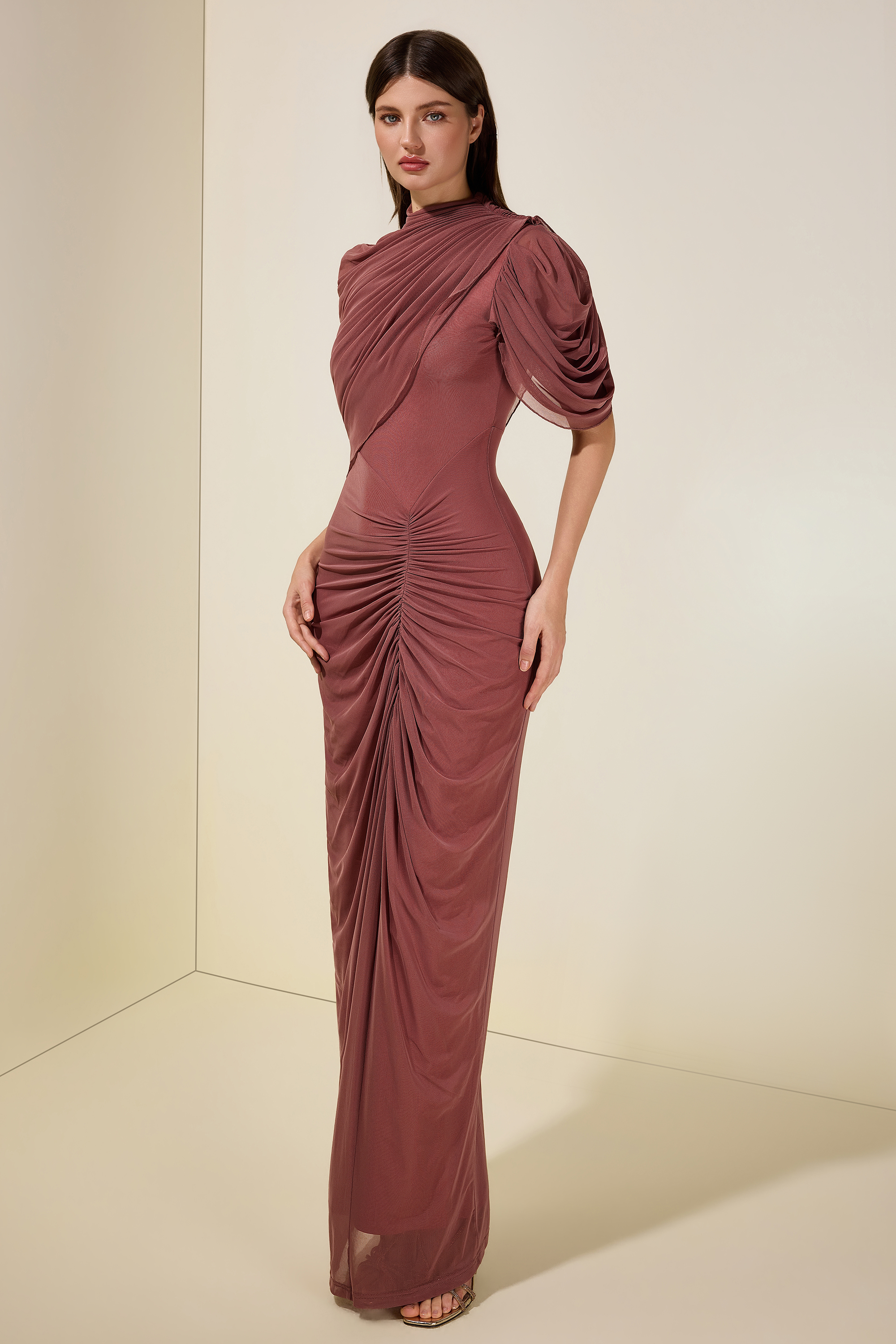 Ruched Asymmetrical High Neck Maxi Dress