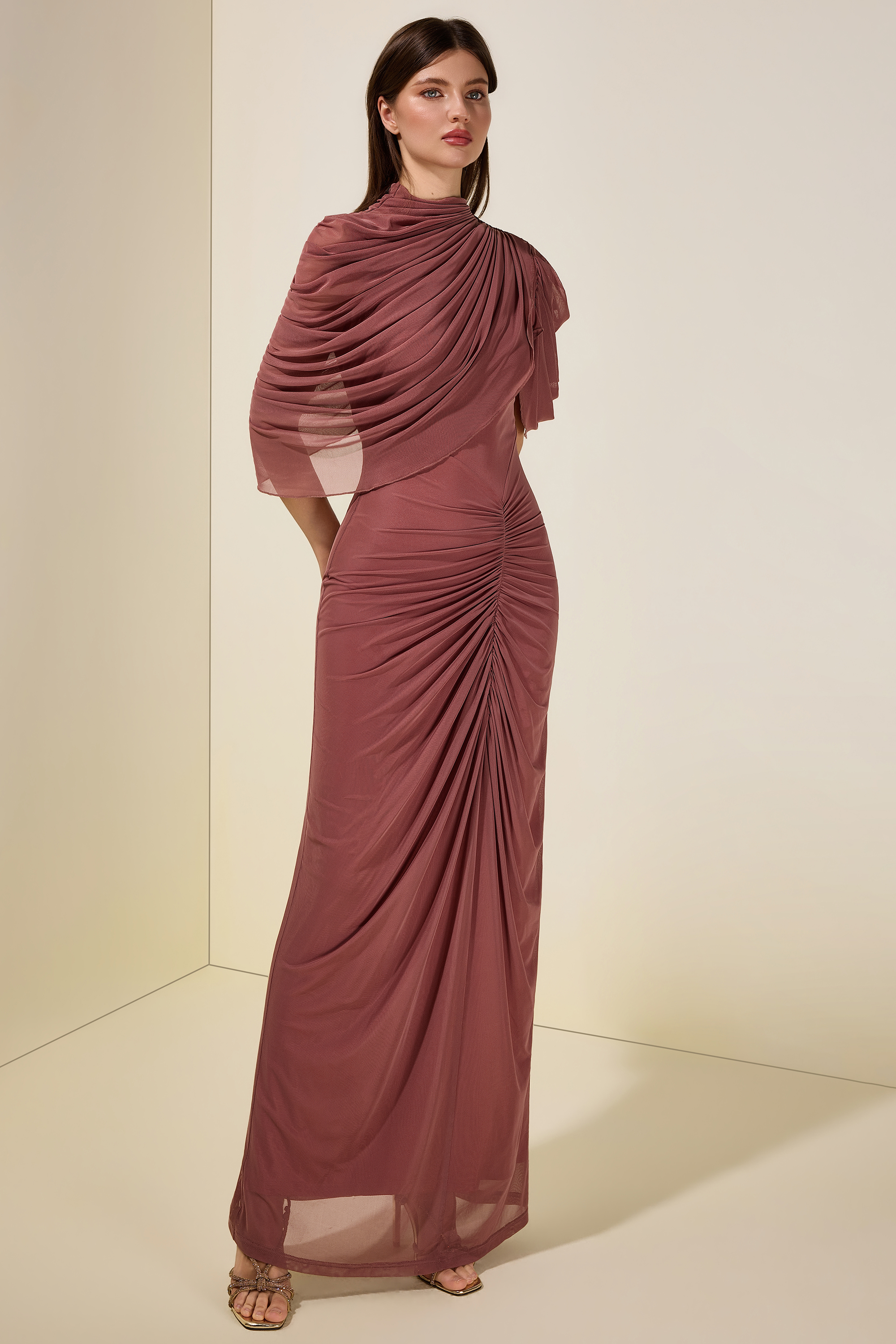 Ruched Asymmetrical High Neck Maxi Dress