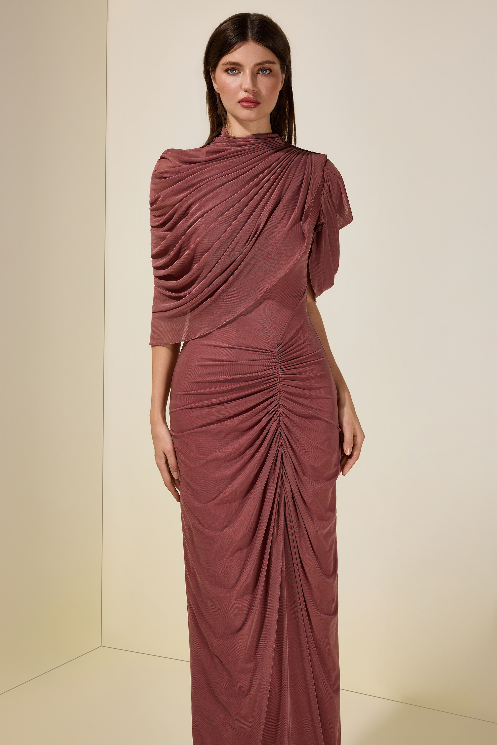 Ruched Asymmetrical High Neck Maxi Dress