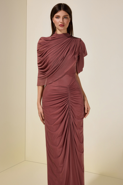 Ruched Asymmetrical High Neck Maxi Dress