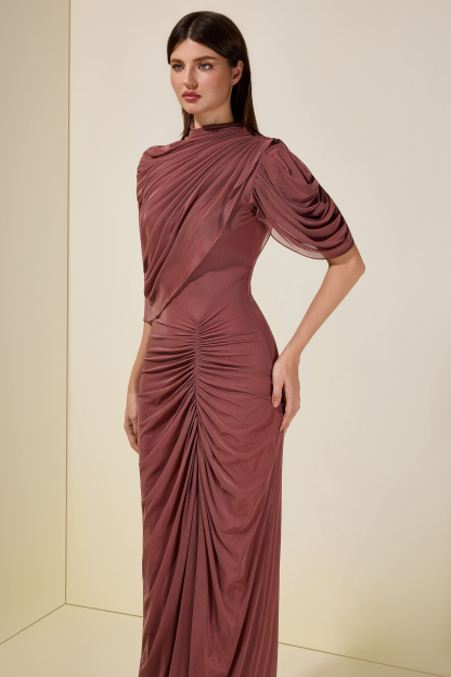 Ruched Asymmetrical High Neck Maxi Dress