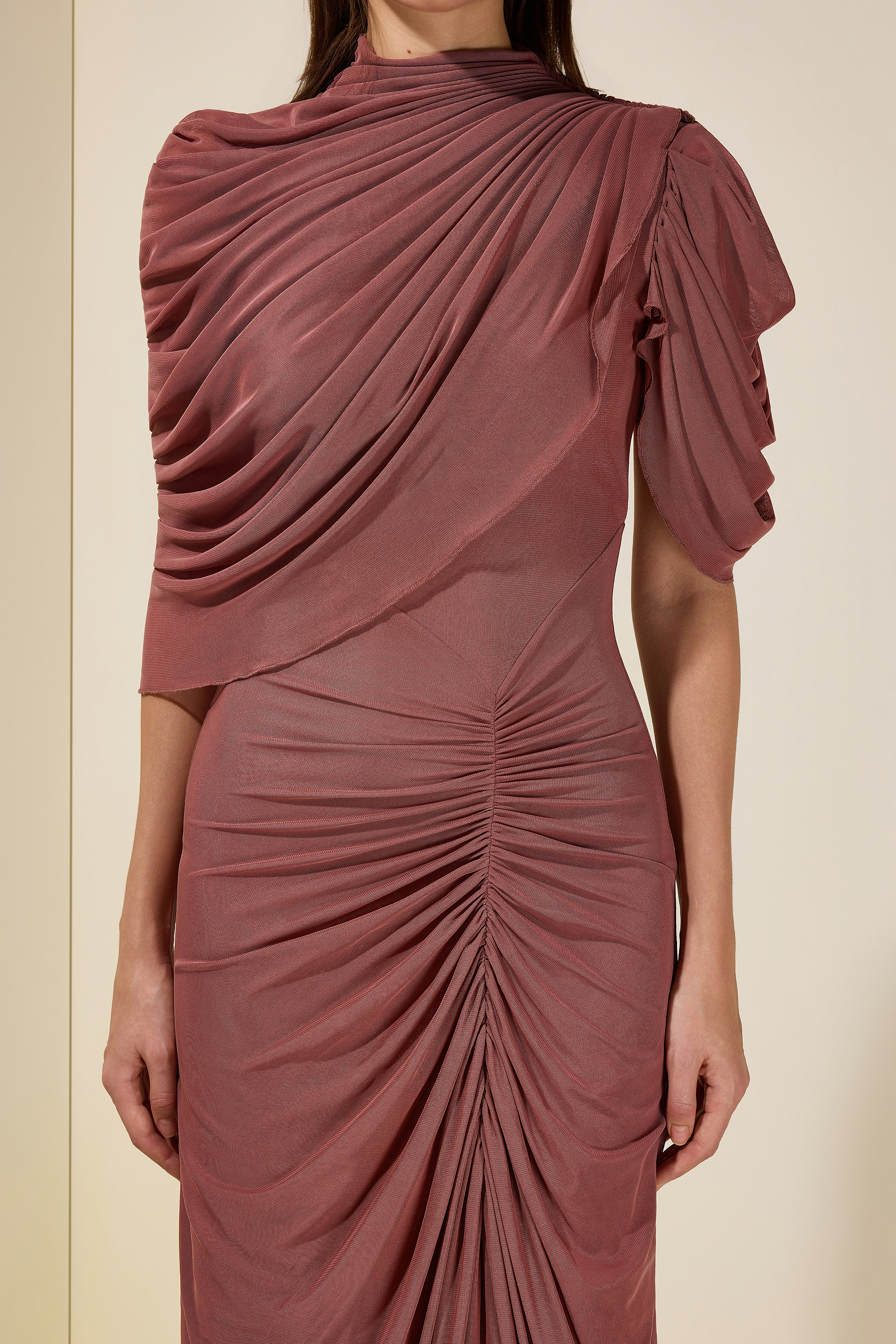 Ruched Asymmetrical High Neck Maxi Dress