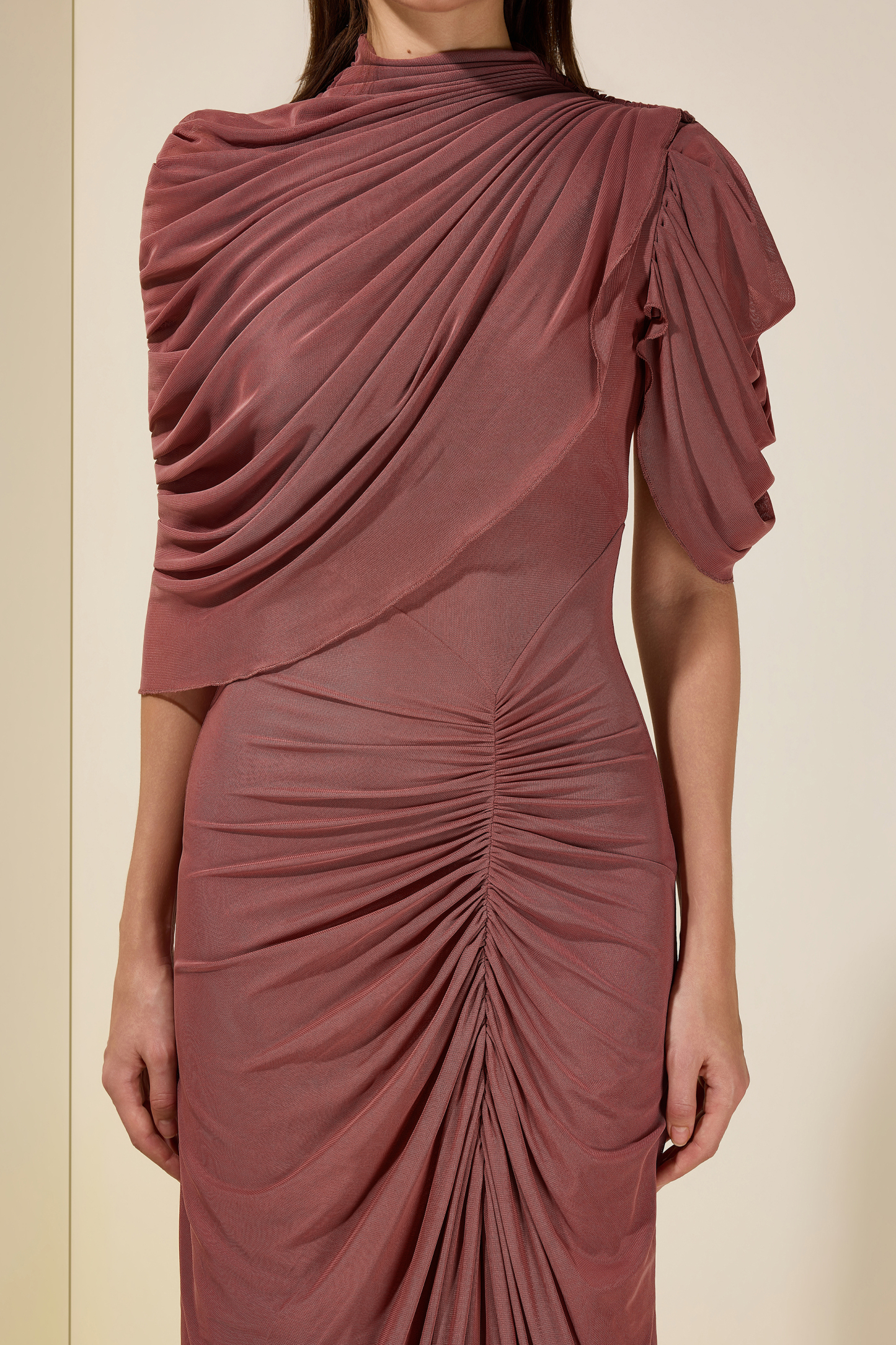 Ruched Asymmetrical High Neck Maxi Dress
