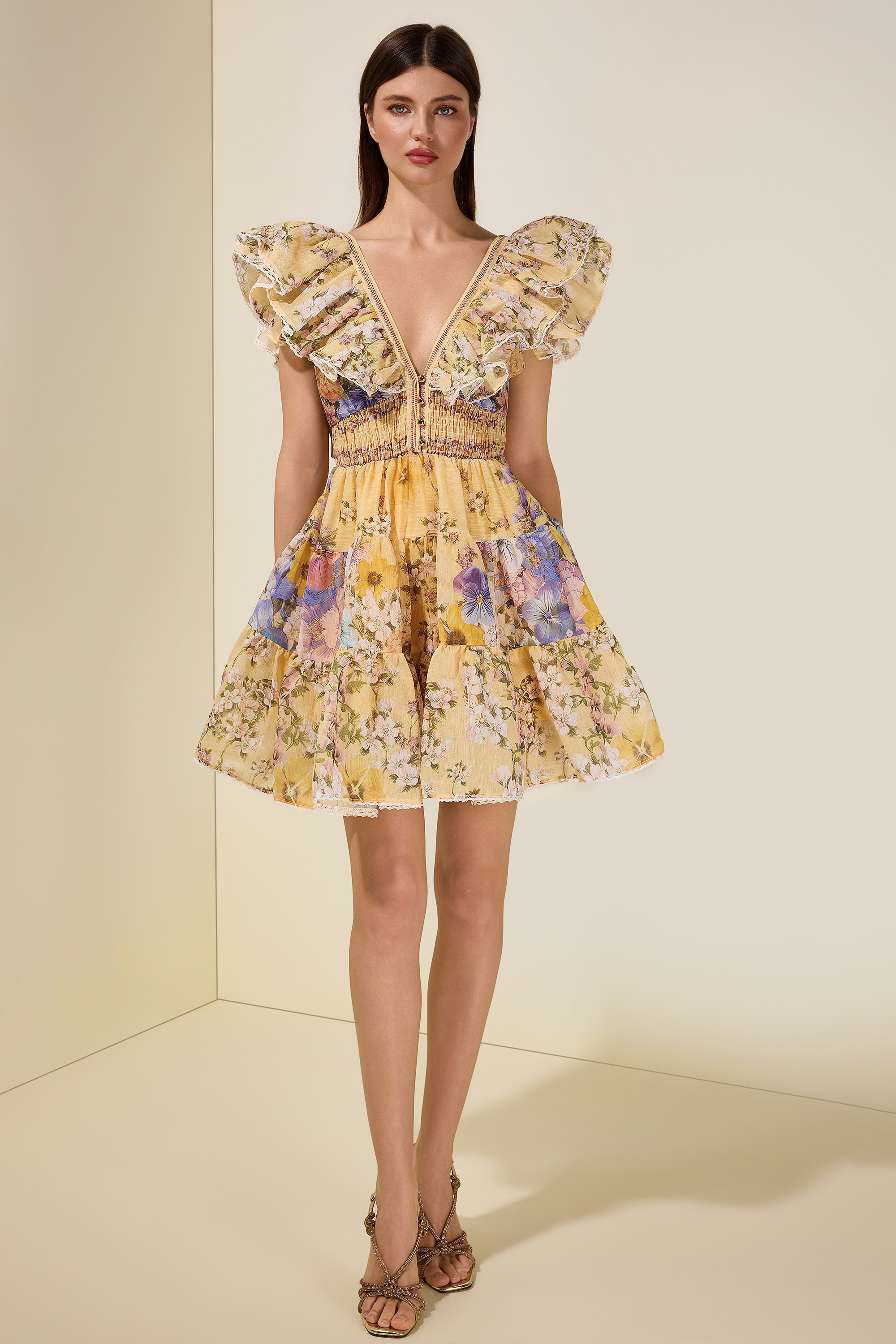 Floral Lace Smocking Mini Dress