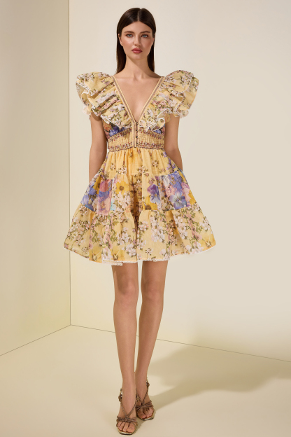 Floral Lace Smocking Mini Dress