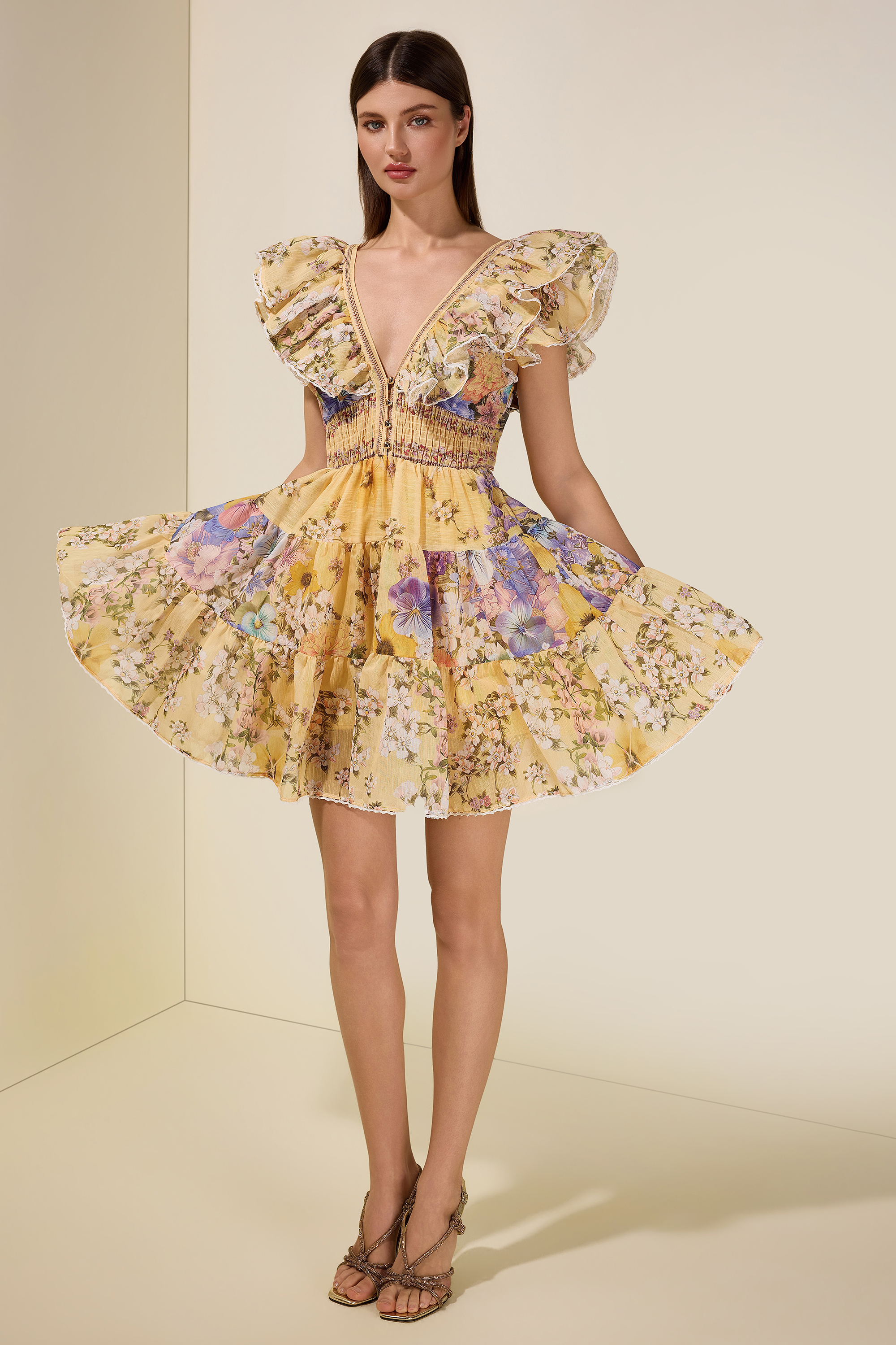 Floral Lace Smocking Mini Dress