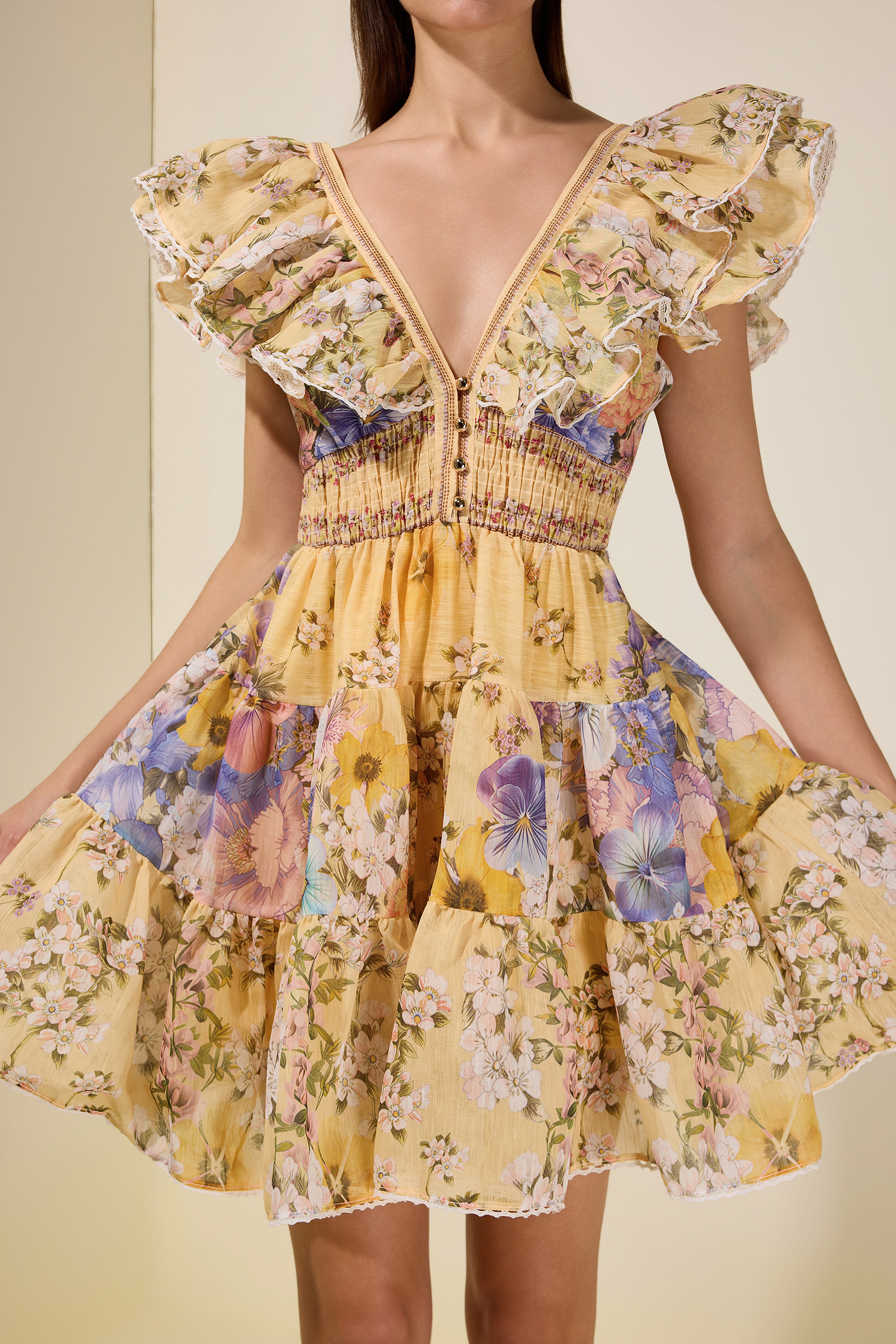 Floral Lace Smocking Mini Dress