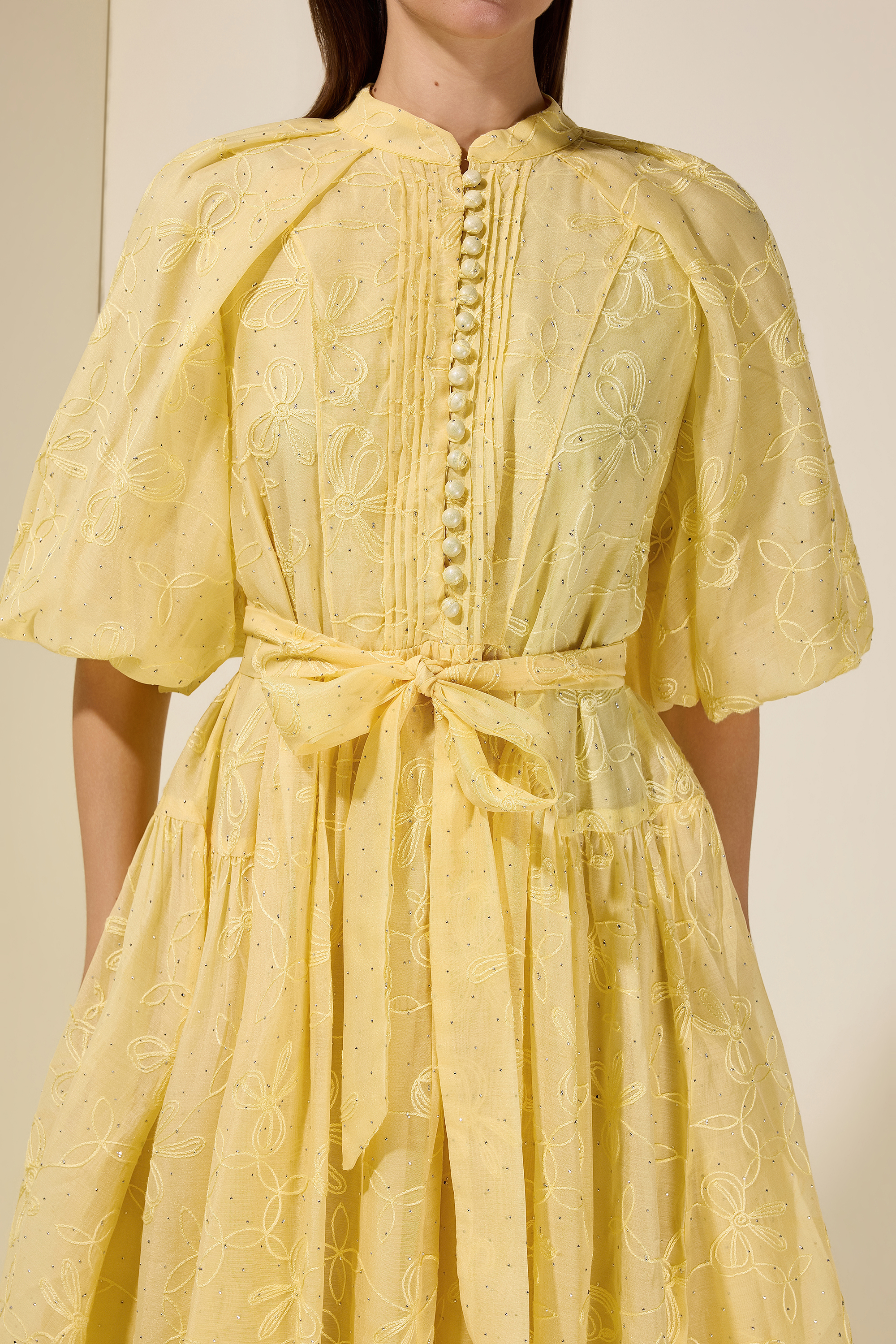 Embroidered Rhinestone Puff Sleeve Mini Dress