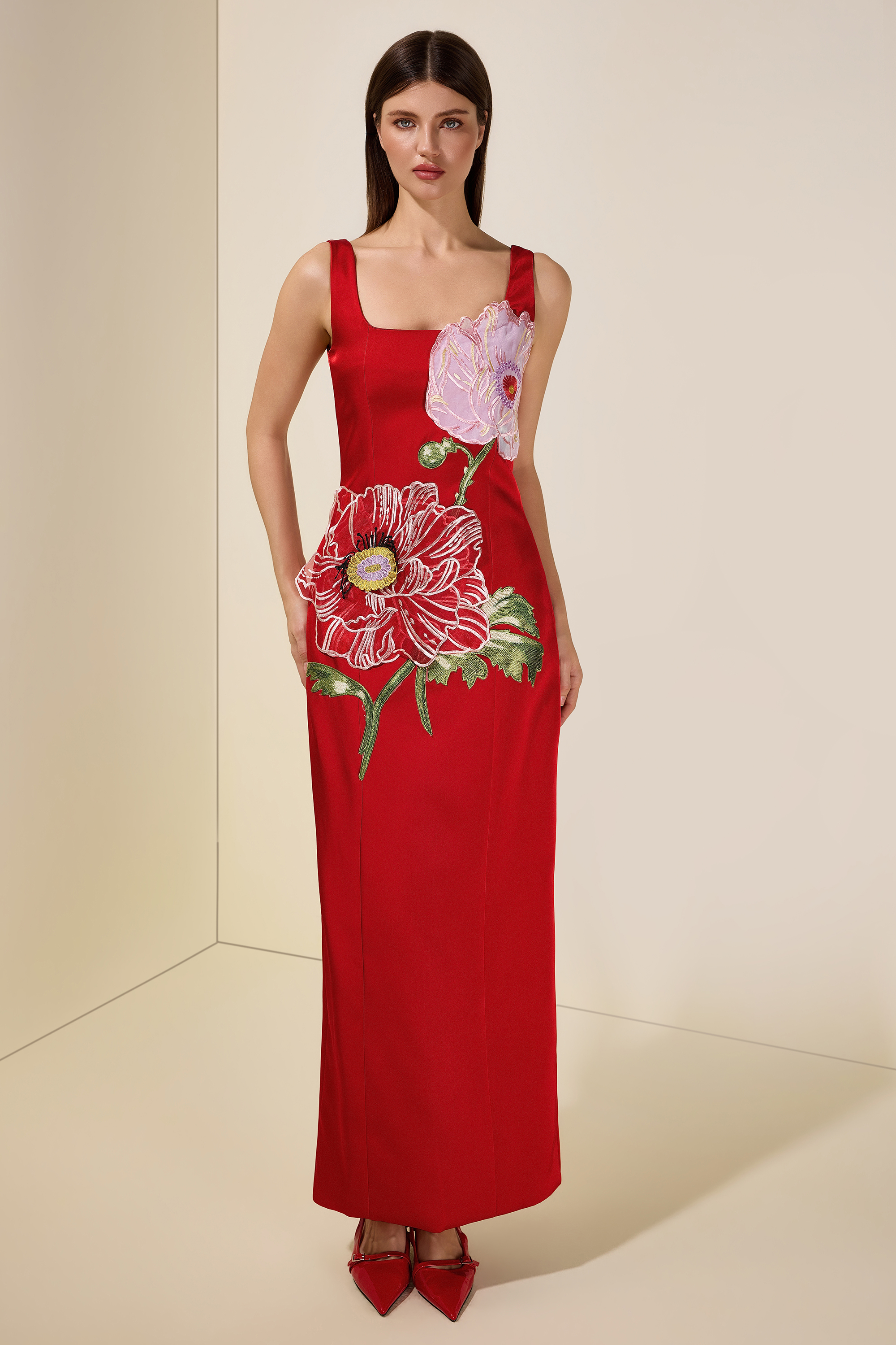 Satin Embroidered Square Collar Maxi Dress