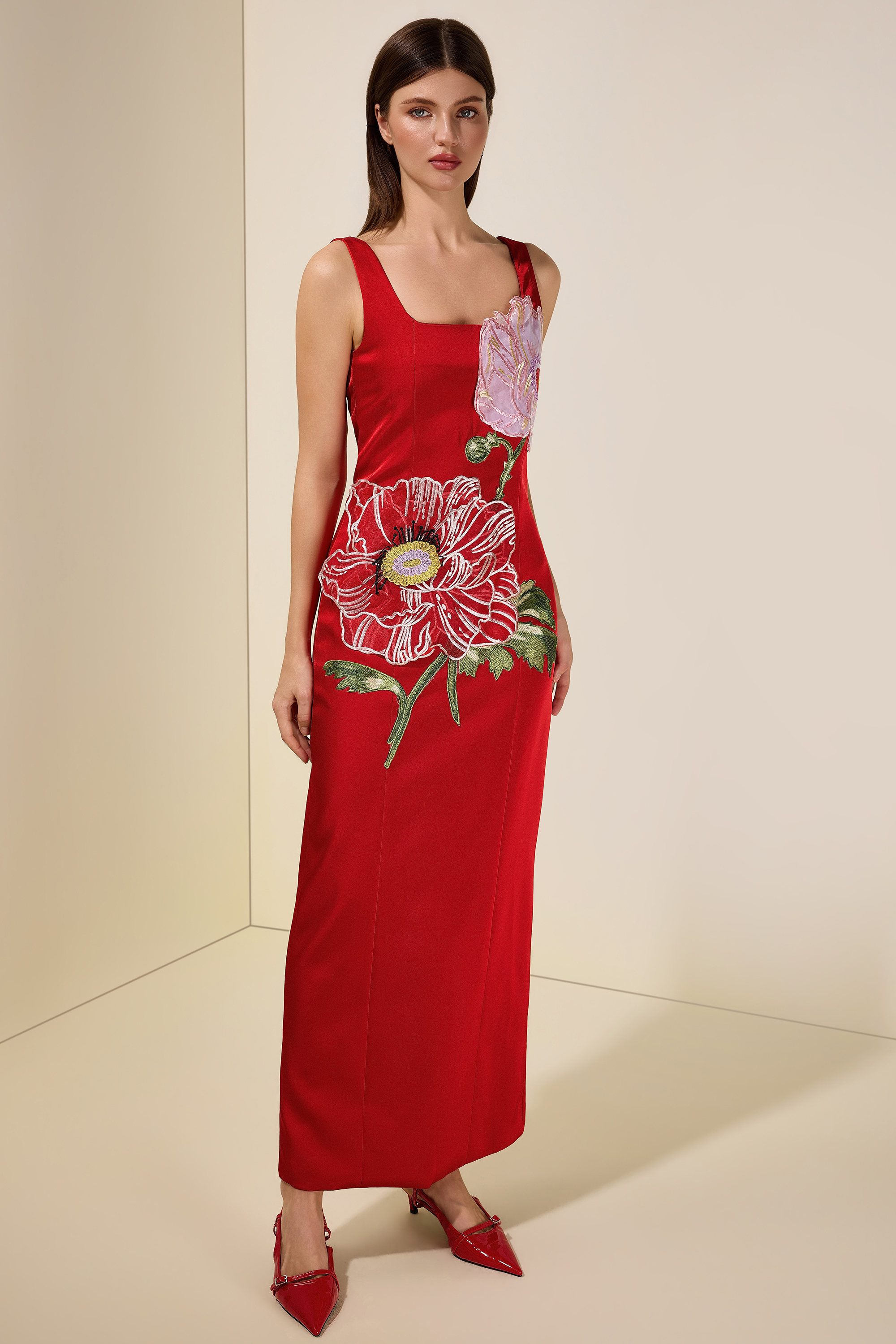 Satin Embroidered Square Collar Maxi Dress