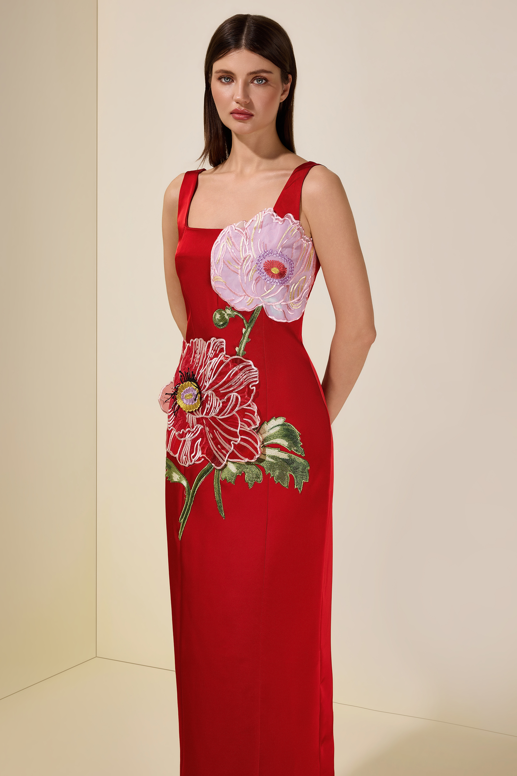 Satin Embroidered Square Collar Maxi Dress