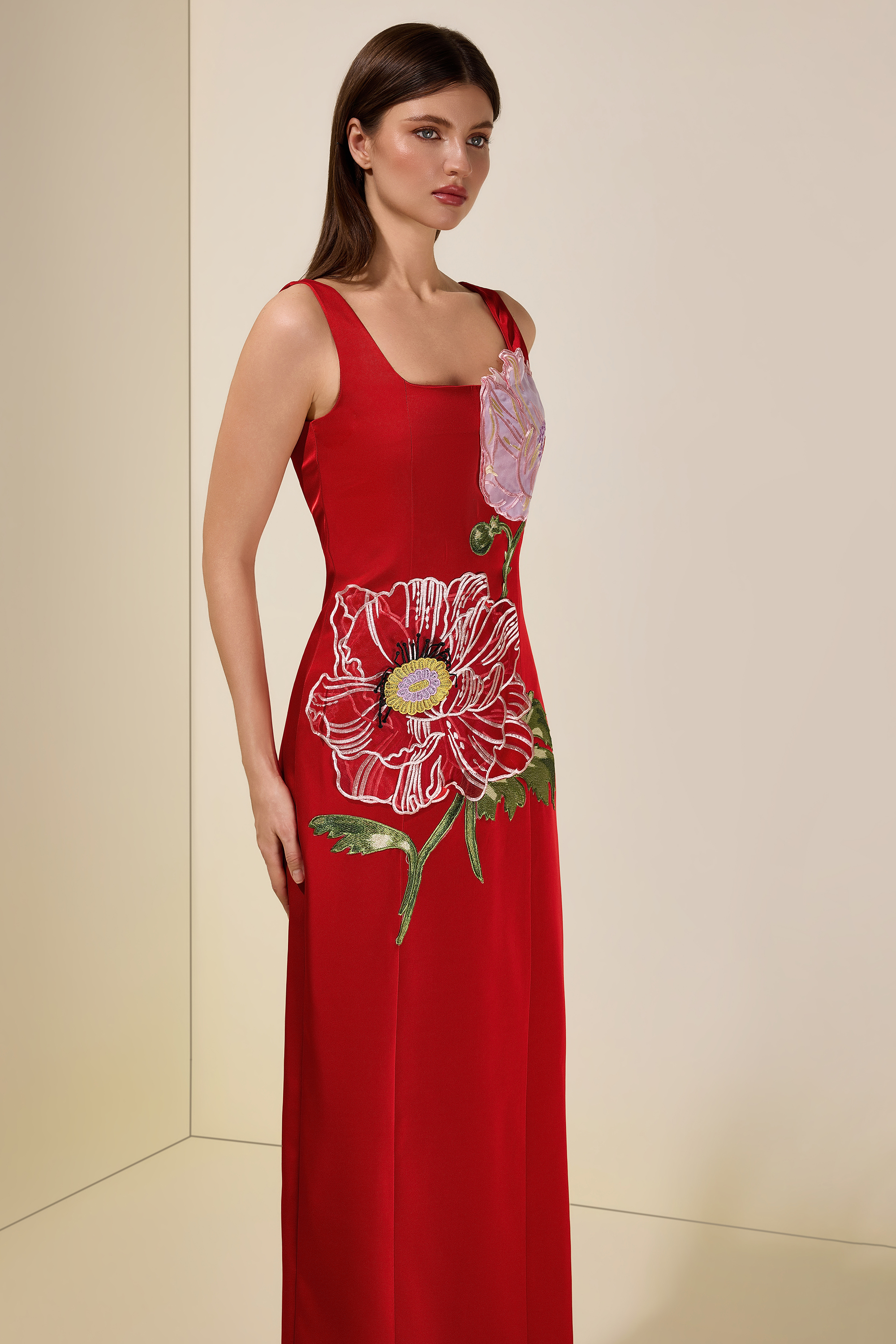 Satin Embroidered Square Collar Maxi Dress