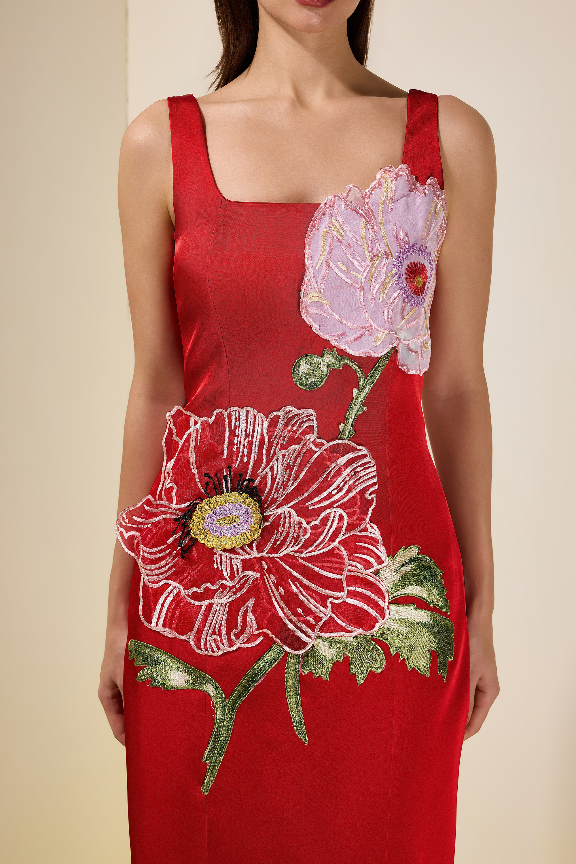 Satin Embroidered Square Collar Maxi Dress