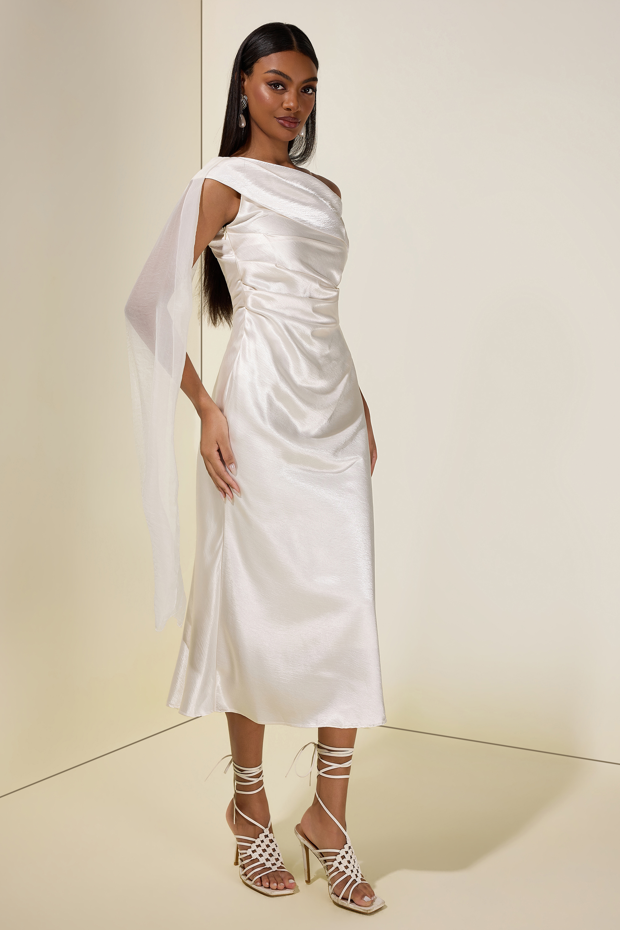 Satin One-Shoulder Cape Sleeve Maxi Dress