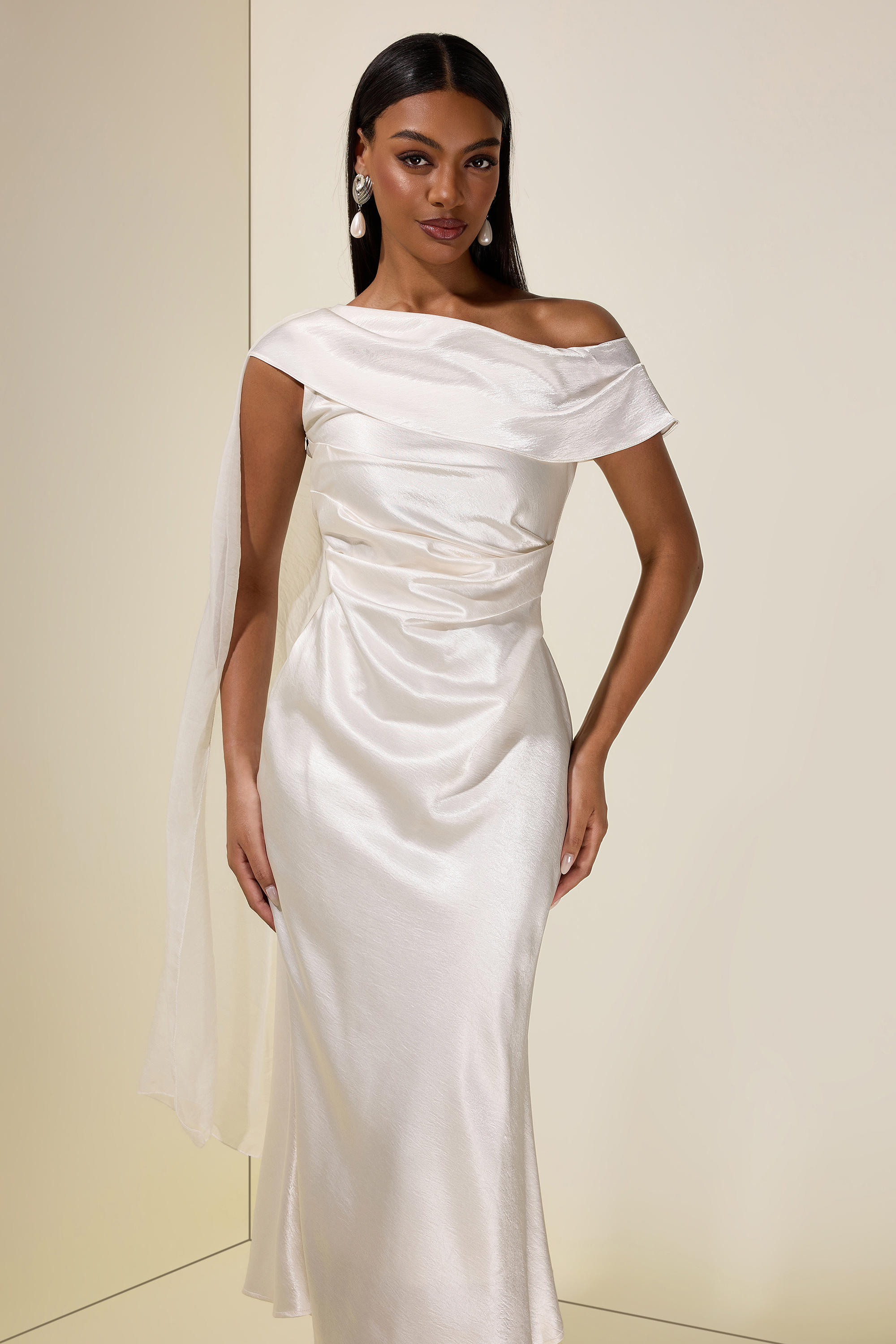 Satin One-Shoulder Cape Sleeve Maxi Dress