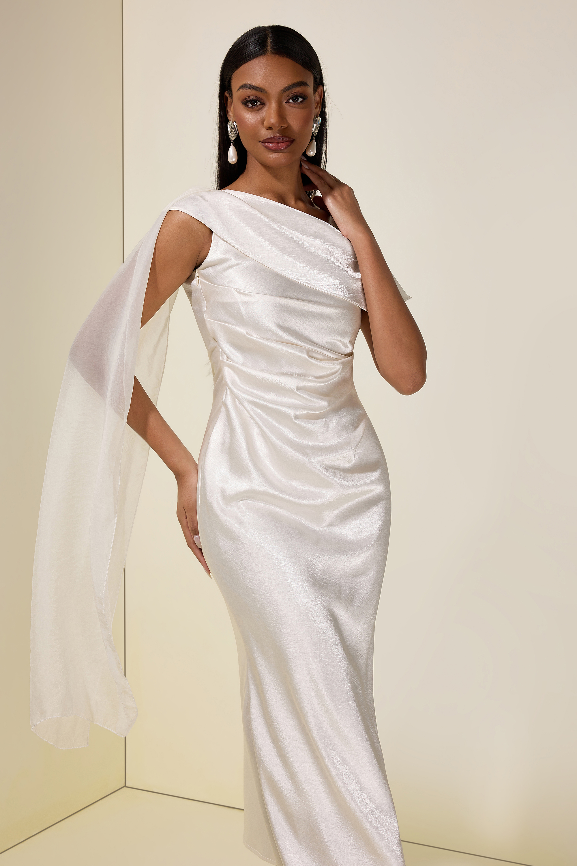 Satin One-Shoulder Cape Sleeve Maxi Dress