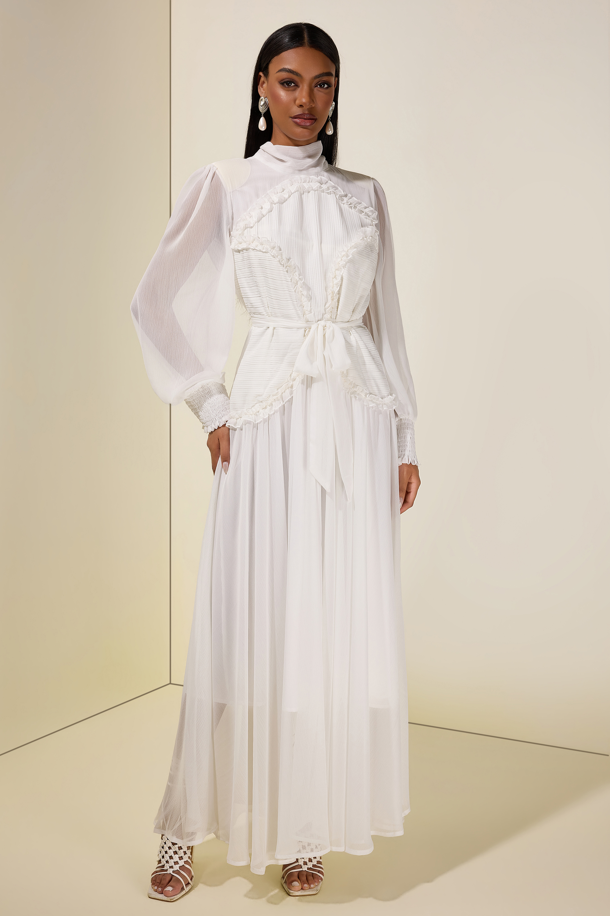 Chiffon Pleated Tie-Up Maxi Dress