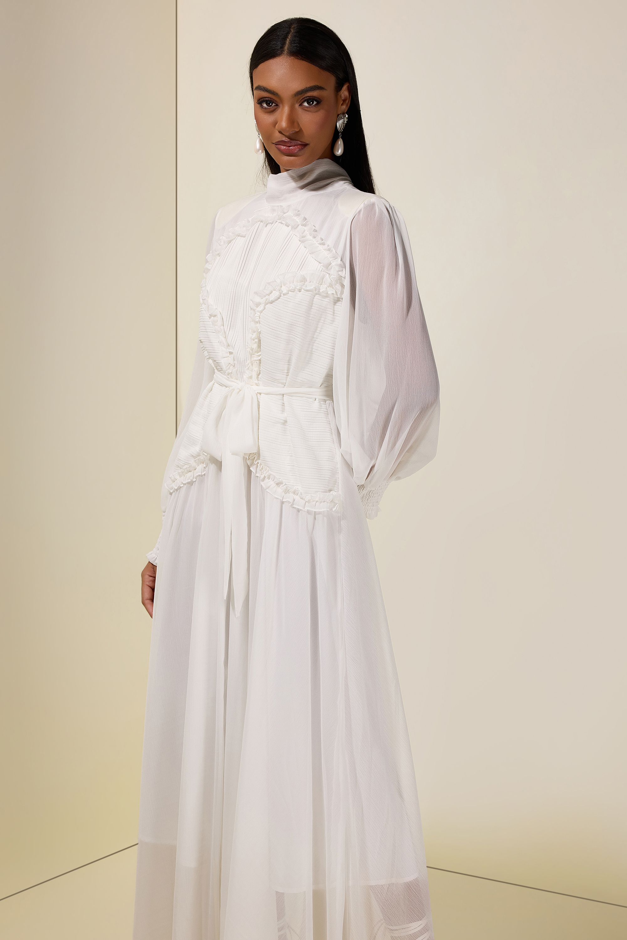 Chiffon Pleated Tie-Up Maxi Dress