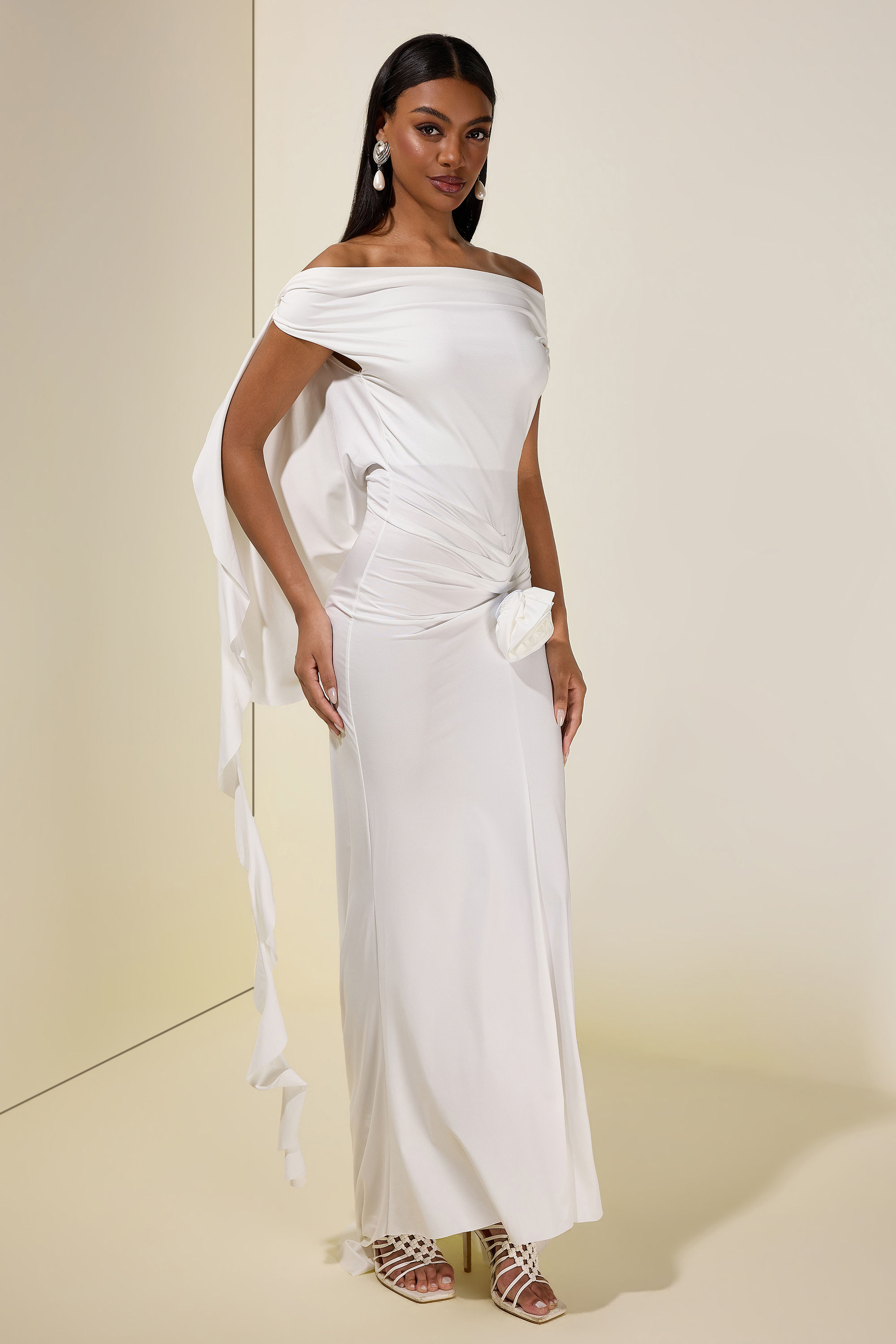 Solid 3D Flower Ruffle Maxi Dress