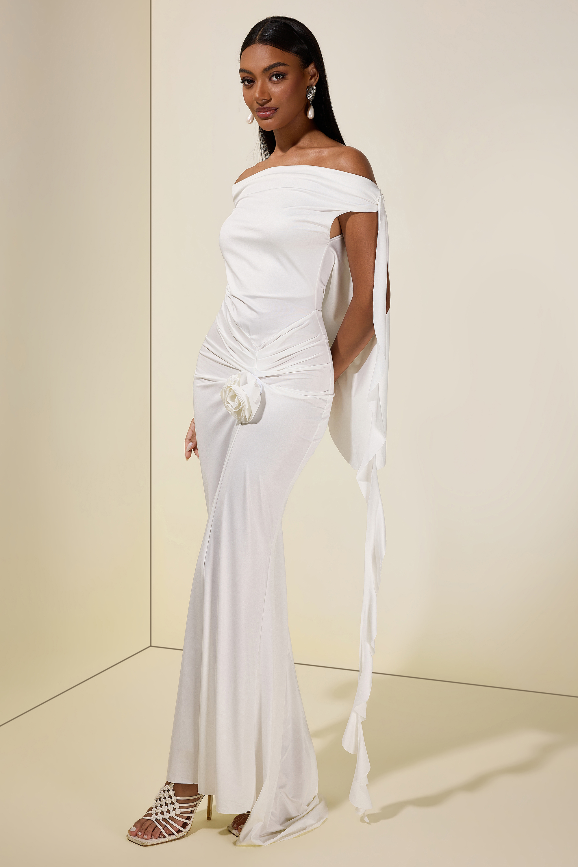 Solid 3D Flower Ruffle Maxi Dress