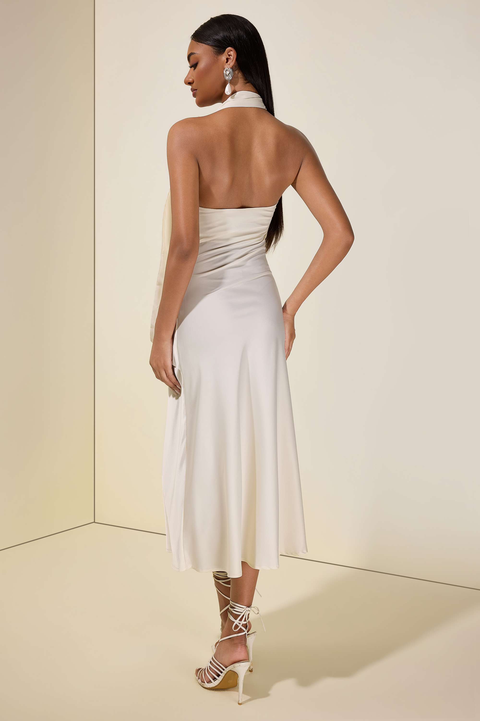 Satin 3D Flower Halter Neck Maxi Dress