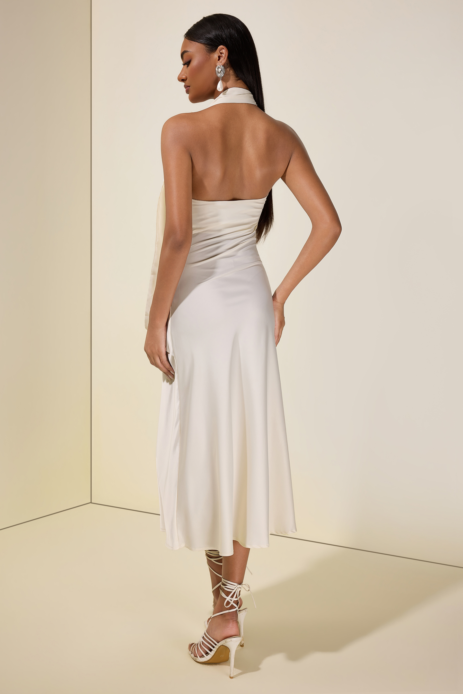 Satin 3D Flower Halter Neck Maxi Dress