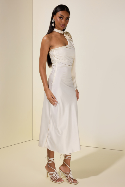 Satin 3D Flower Halter Neck Maxi Dress