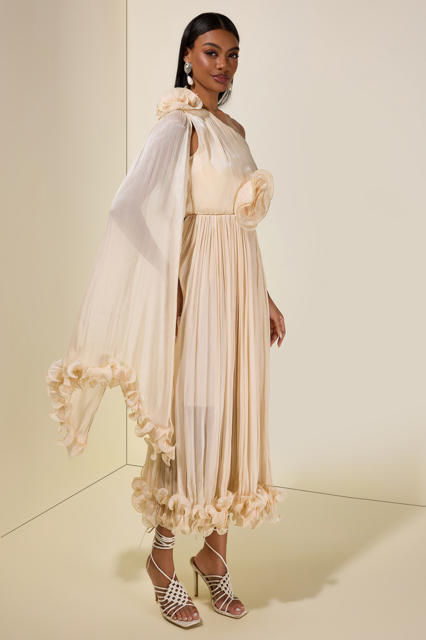 Satin One-Shoulder 3D Flower Midi Dress