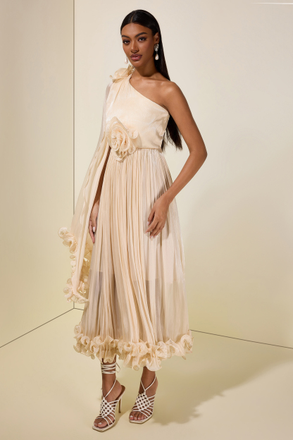 Satin One-Shoulder 3D Flower Midi Dress