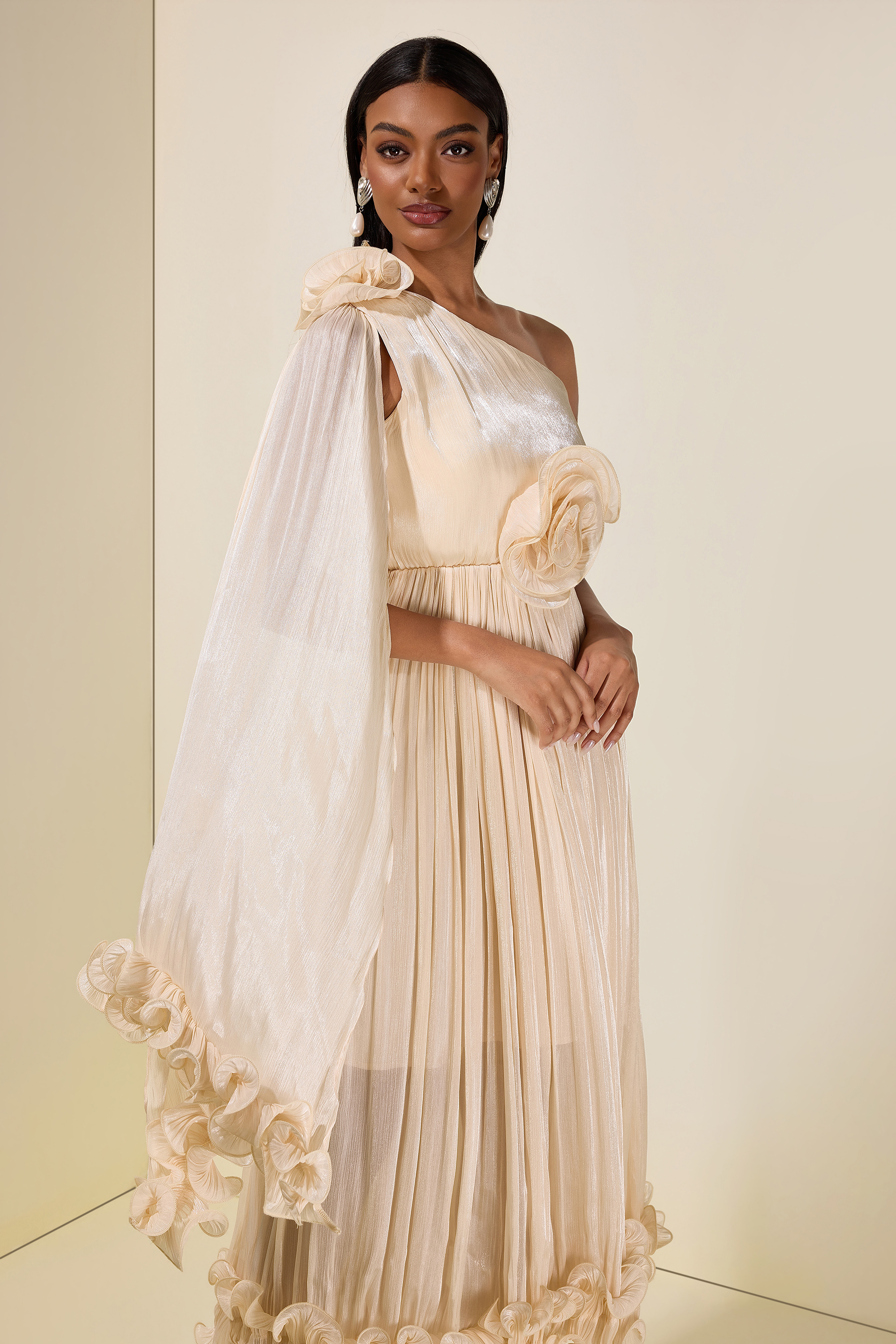 Satin One-Shoulder 3D Flower Midi Dress