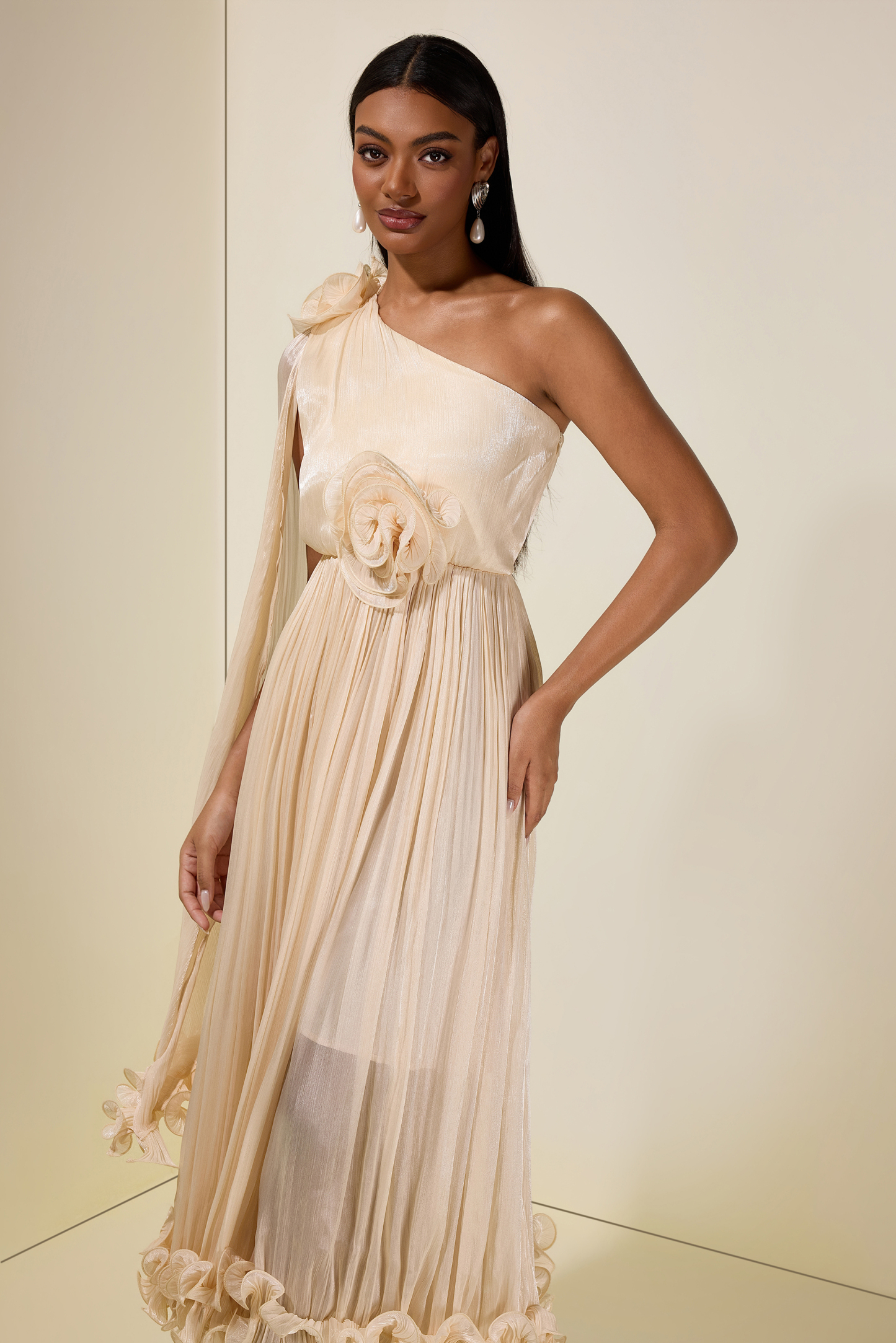 Satin One-Shoulder 3D Flower Midi Dress