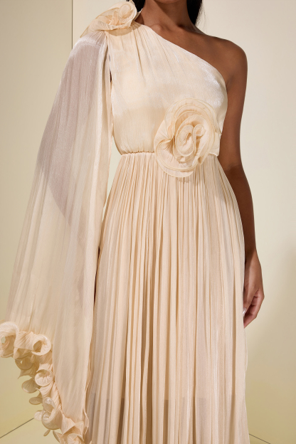 Satin One-Shoulder 3D Flower Midi Dress