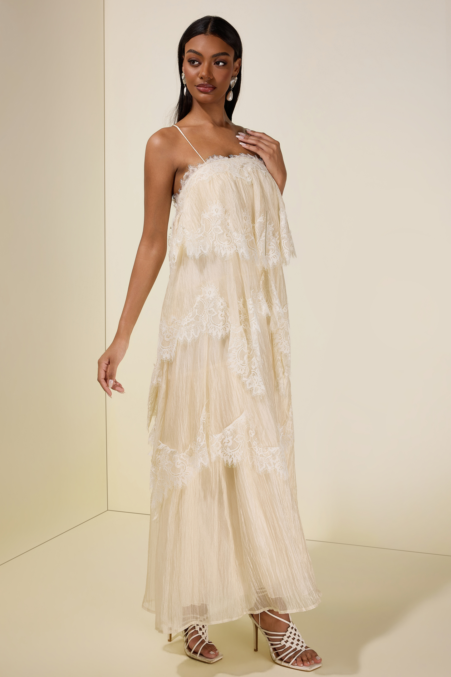 Lace Ruffle Slip Maxi Dress