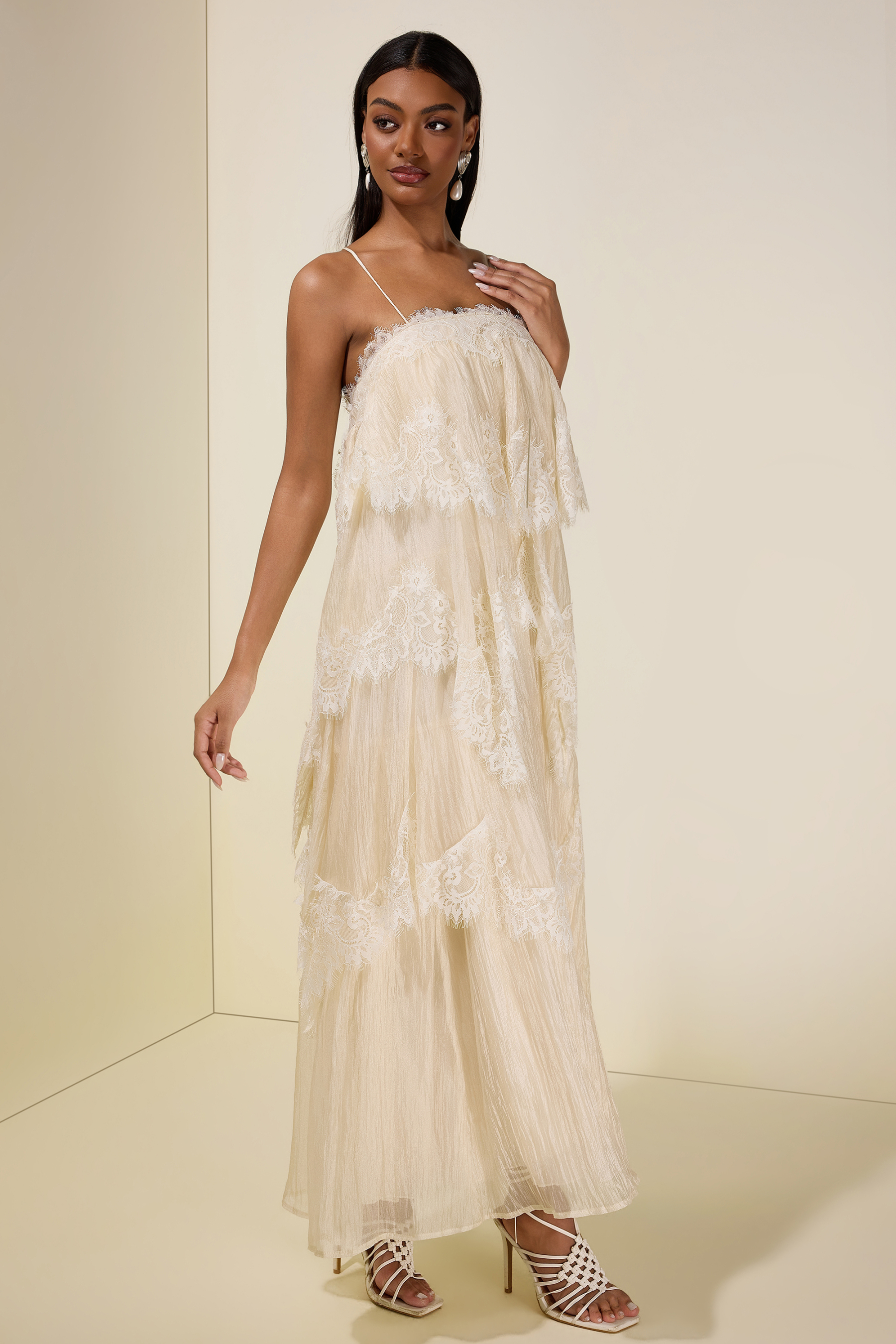 Lace Ruffle Slip Maxi Dress