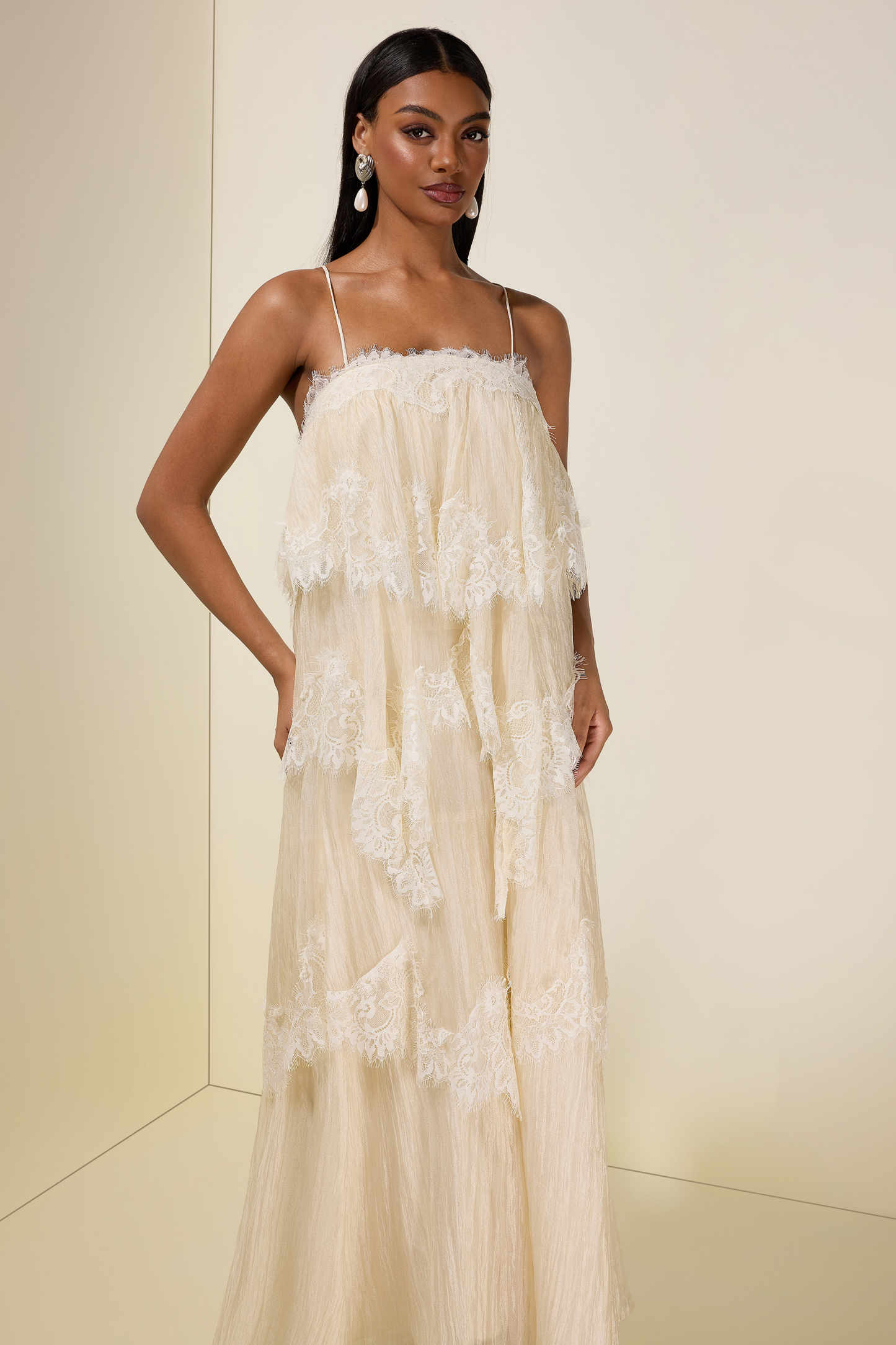 Lace Ruffle Slip Maxi Dress