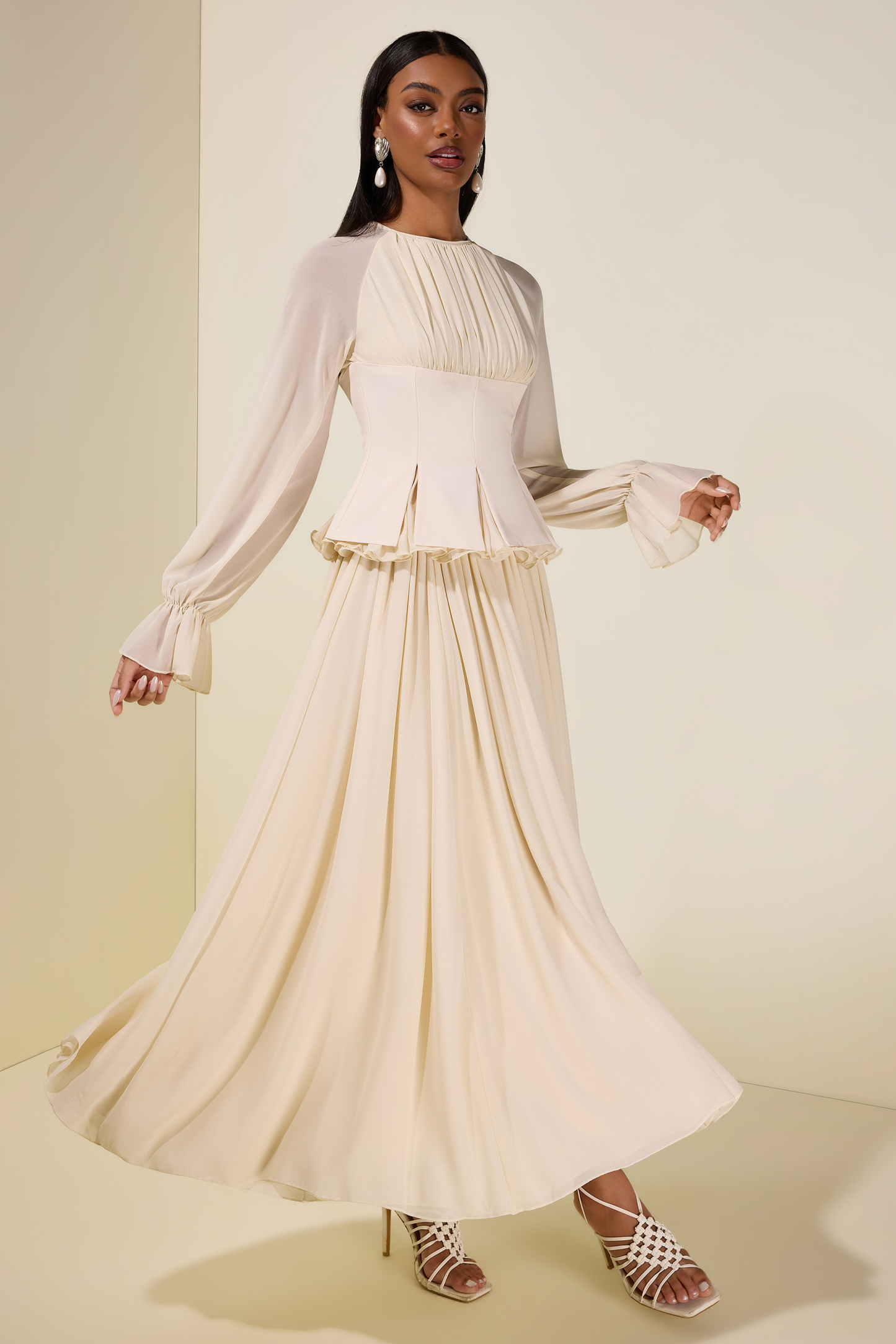 Chiffon Ruched Ruffle Top & Maxi Dress Set