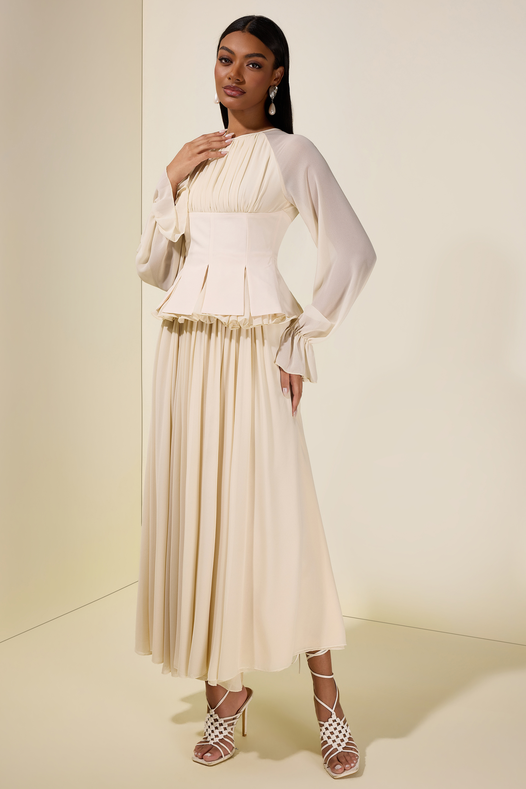 Chiffon Ruched Ruffle Top & Maxi Dress Set