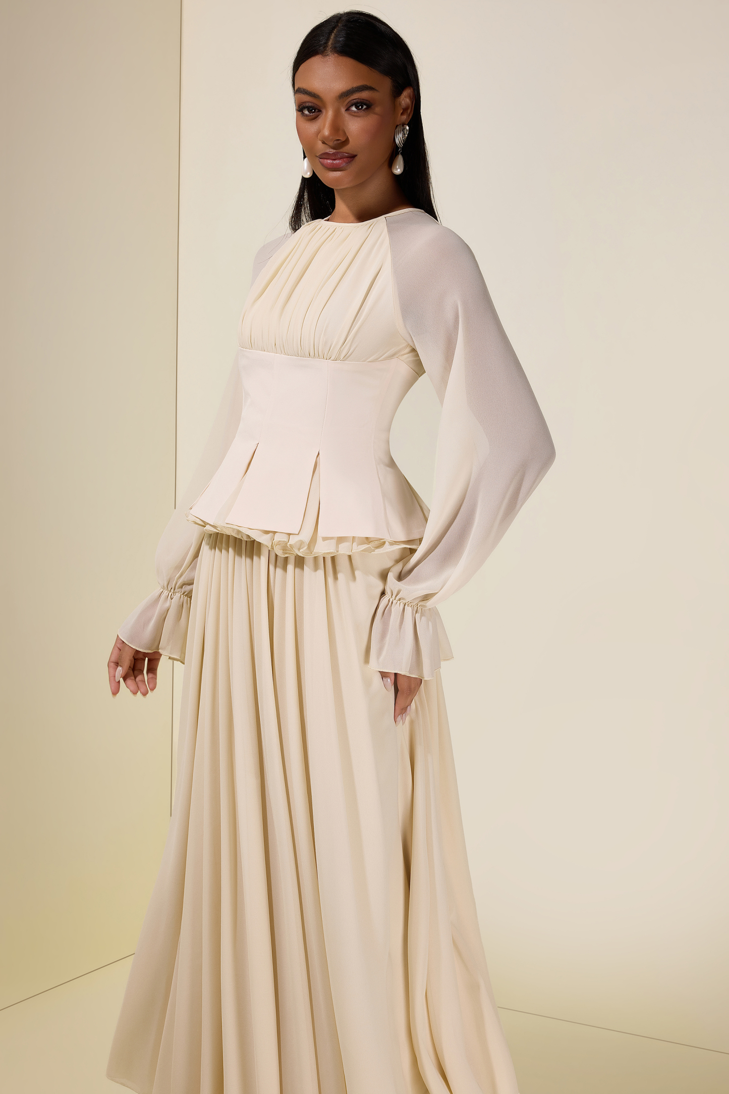 Chiffon Ruched Ruffle Top & Maxi Dress Set