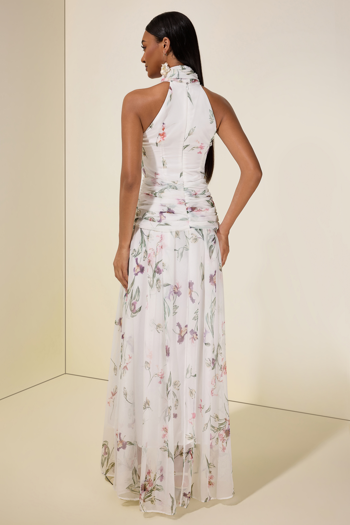 Chiffon Floral Halter Neck Maxi Dress