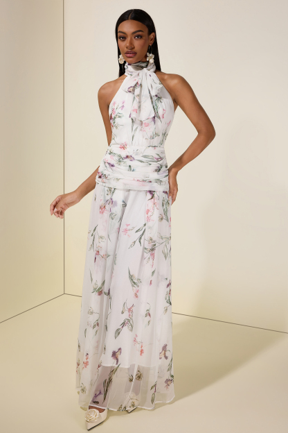 Chiffon Floral Halter Neck Maxi Dress
