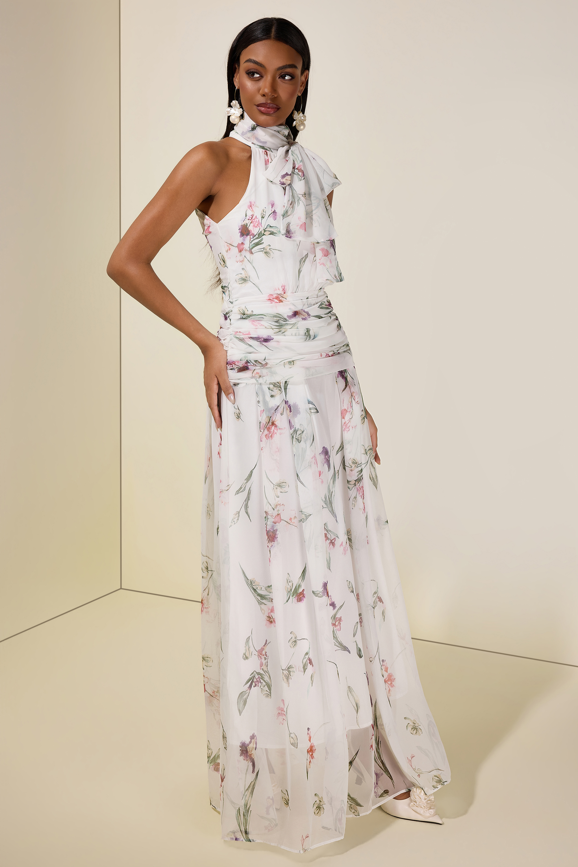 Chiffon Floral Halter Neck Maxi Dress