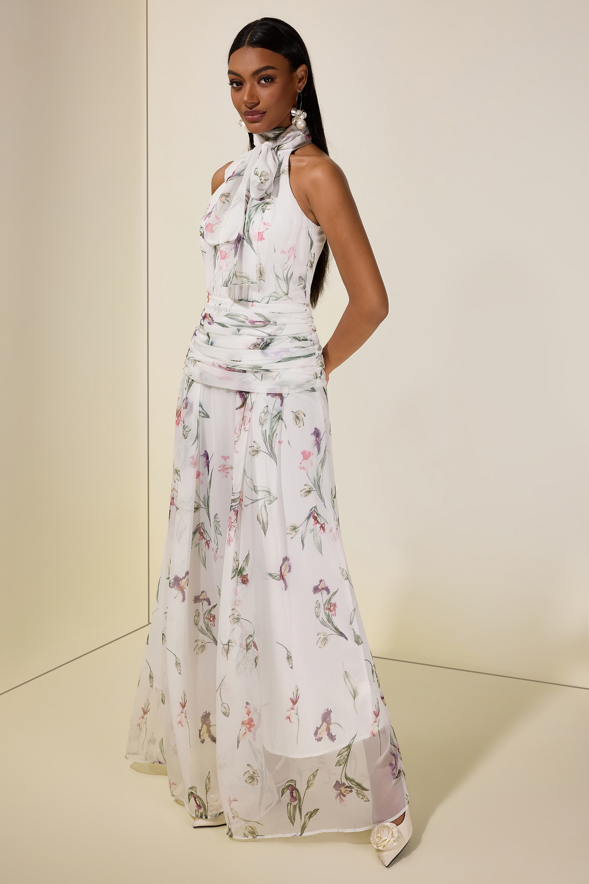 Chiffon Floral Halter Neck Maxi Dress