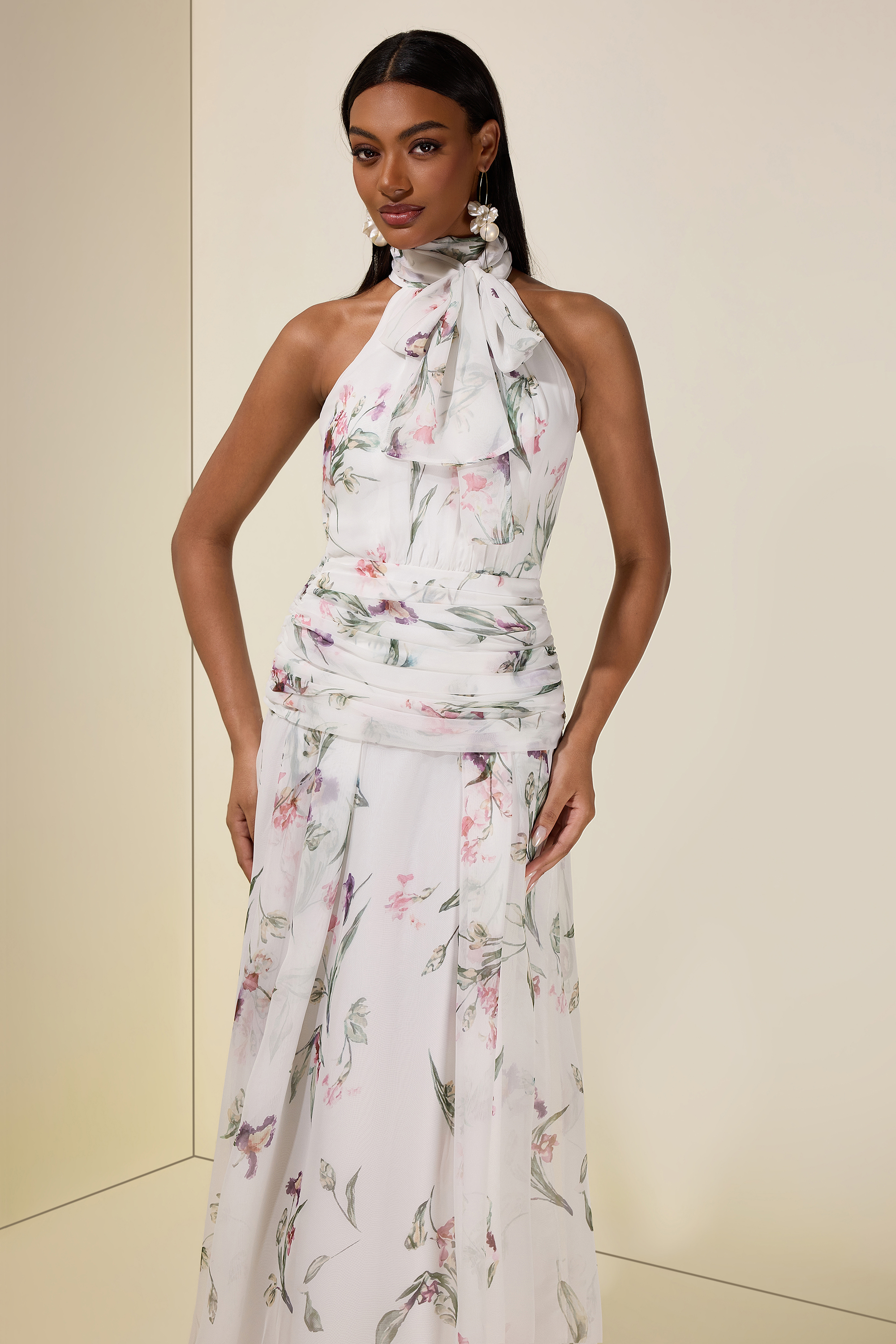 Chiffon Floral Halter Neck Maxi Dress