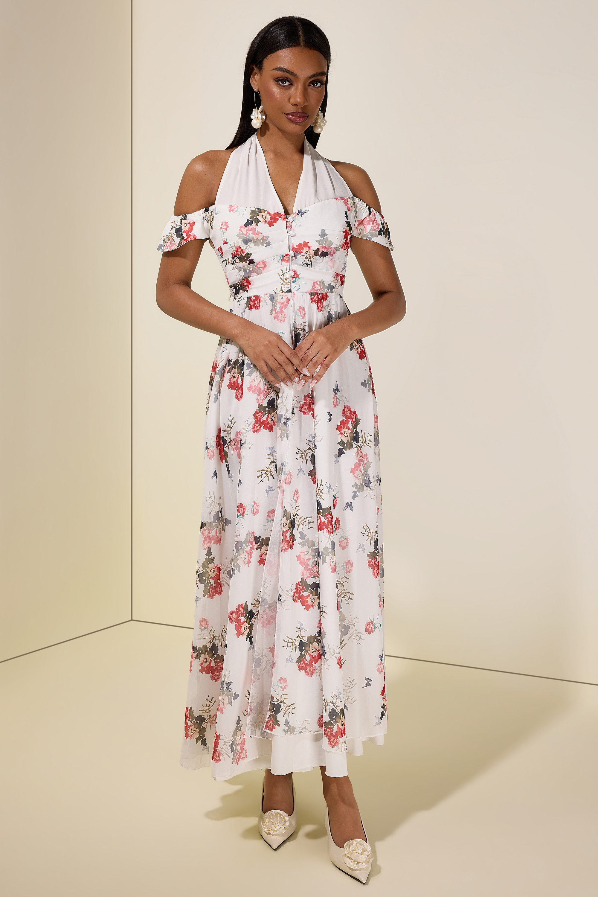 Floral Single Breasted V-Neck Maxi Dress