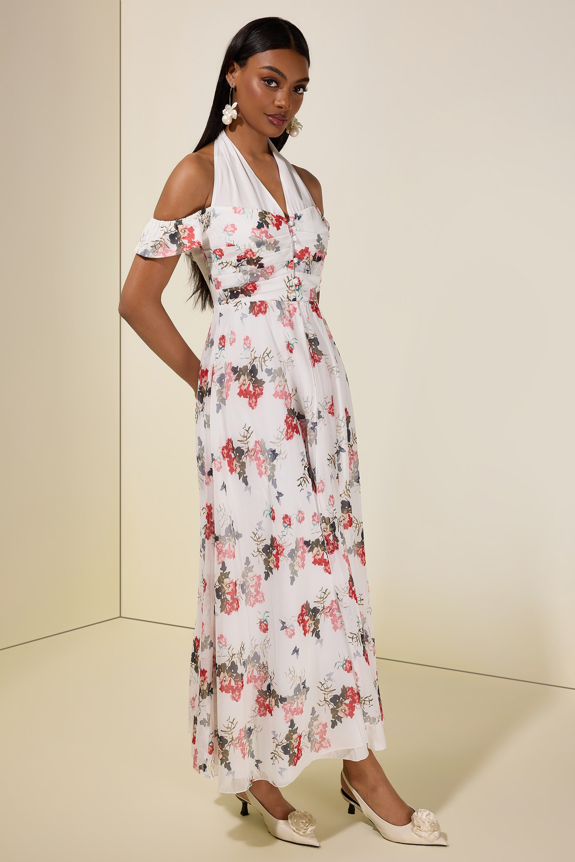 Floral Single Breasted V-Neck Maxi Dress