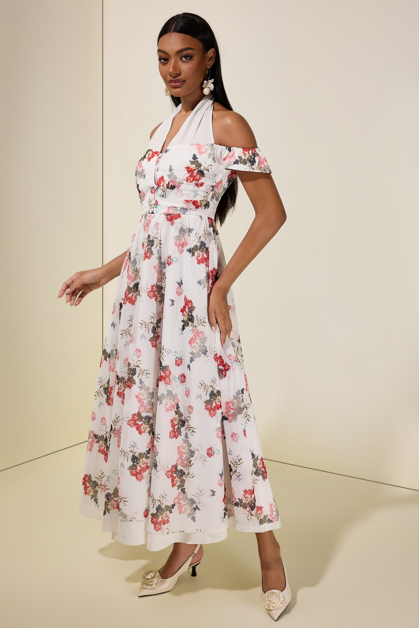 Floral Single Breasted V-Neck Maxi Dress