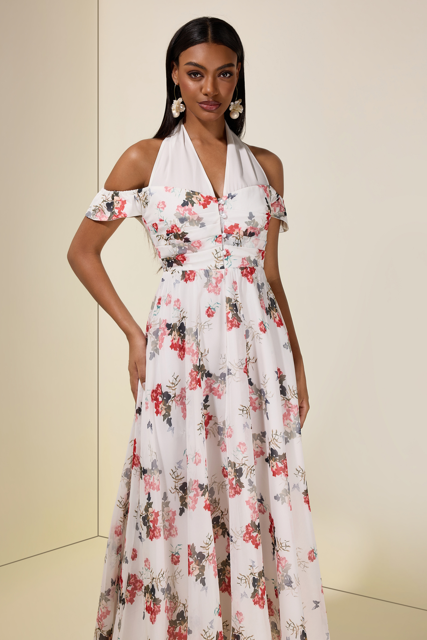 Floral Single Breasted V-Neck Maxi Dress