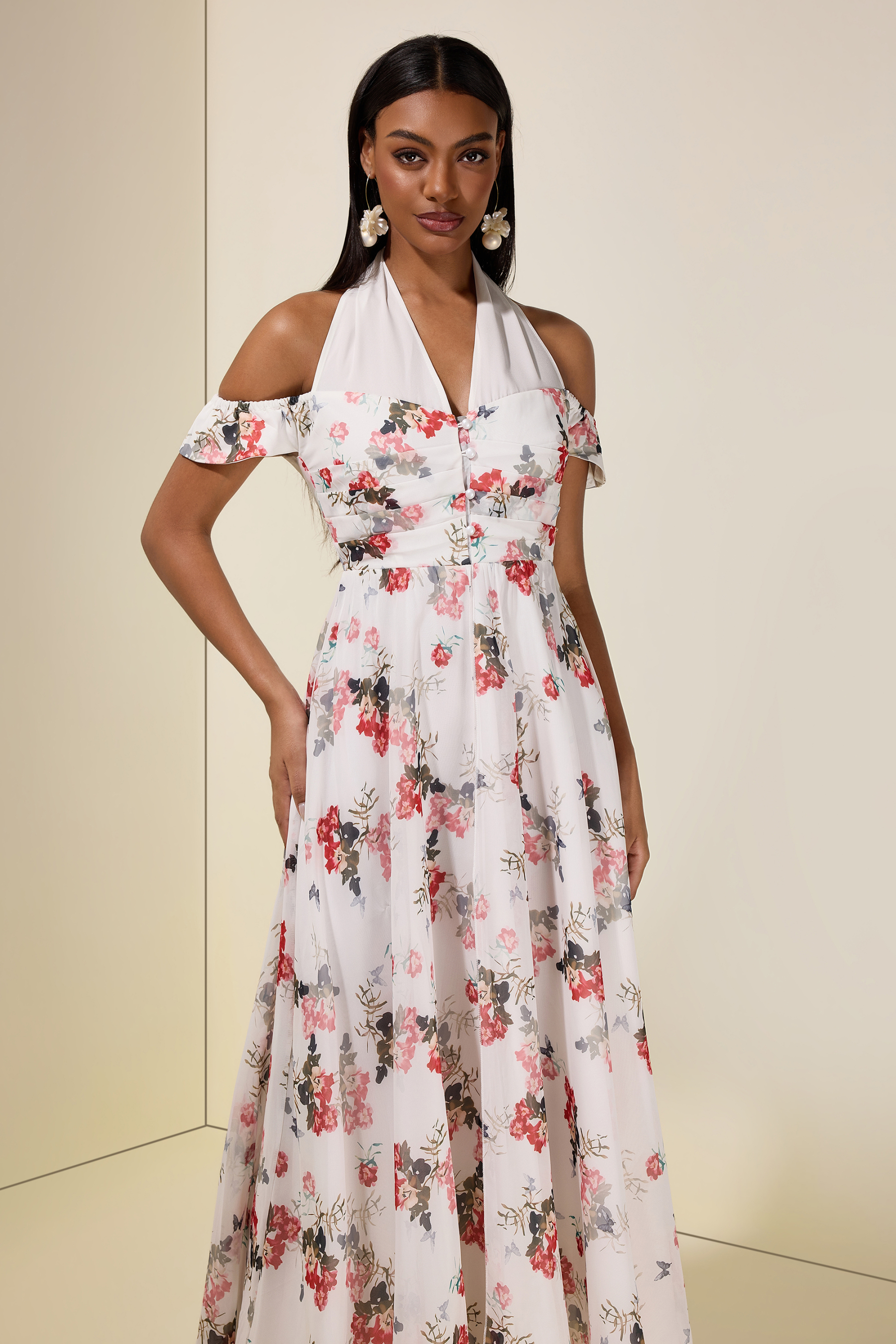 Floral Single Breasted V-Neck Maxi Dress